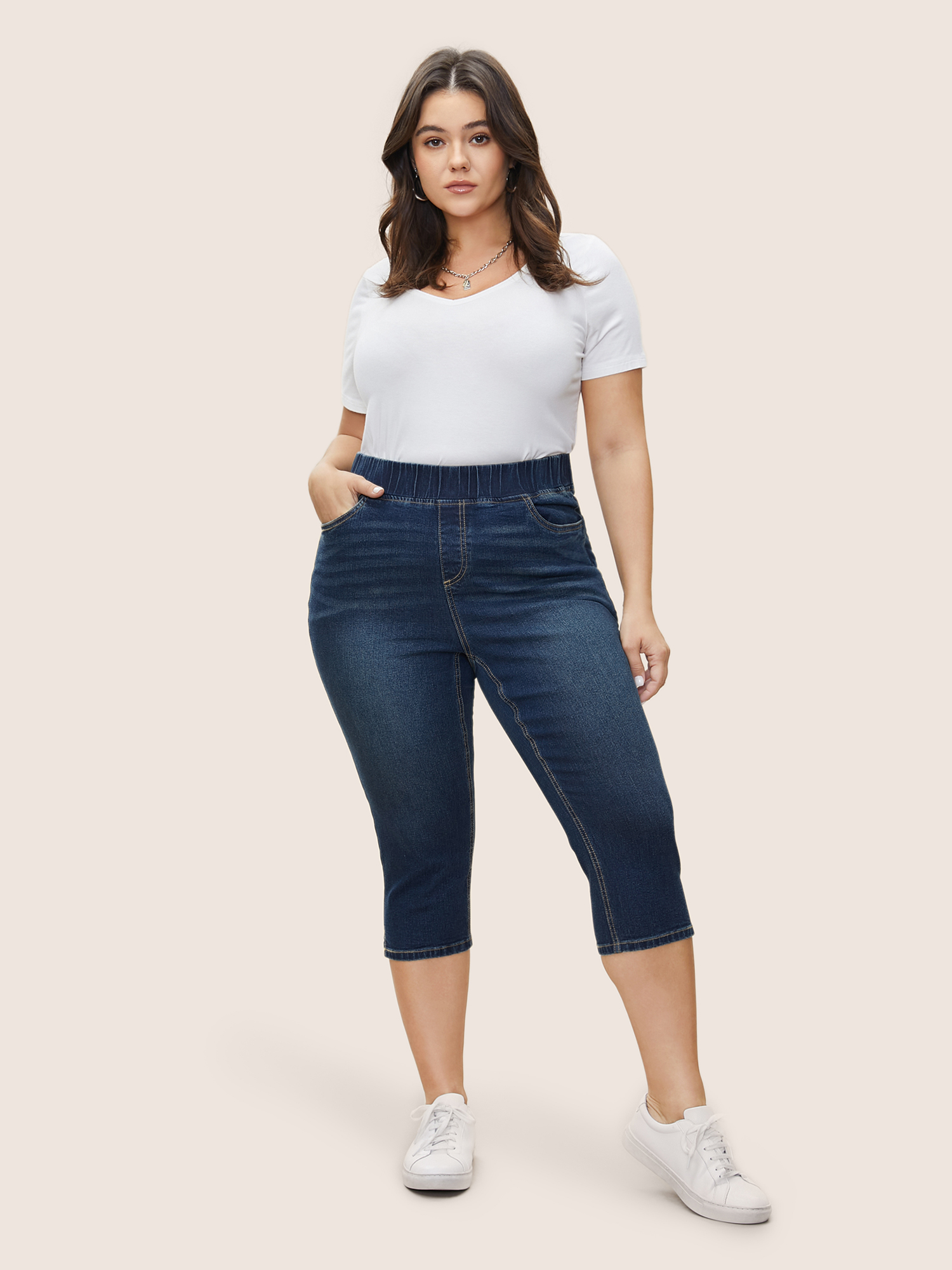 Plus Size Split Side Elastic Waist Pull-On Jegging Jeans Women Blue Casual Plain Slit High stretch Slanted pocket Jeans BloomChic 22/3X 