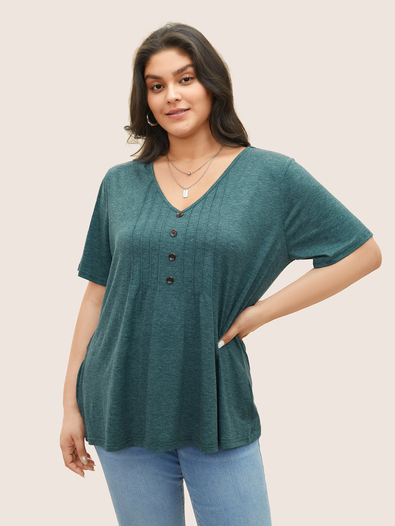 

Plus Size Solid Pleated Front Button Detail V Neck T-shirt DarkGreen Women Casual Button Plain V-neck Everyday T-shirts BloomChic