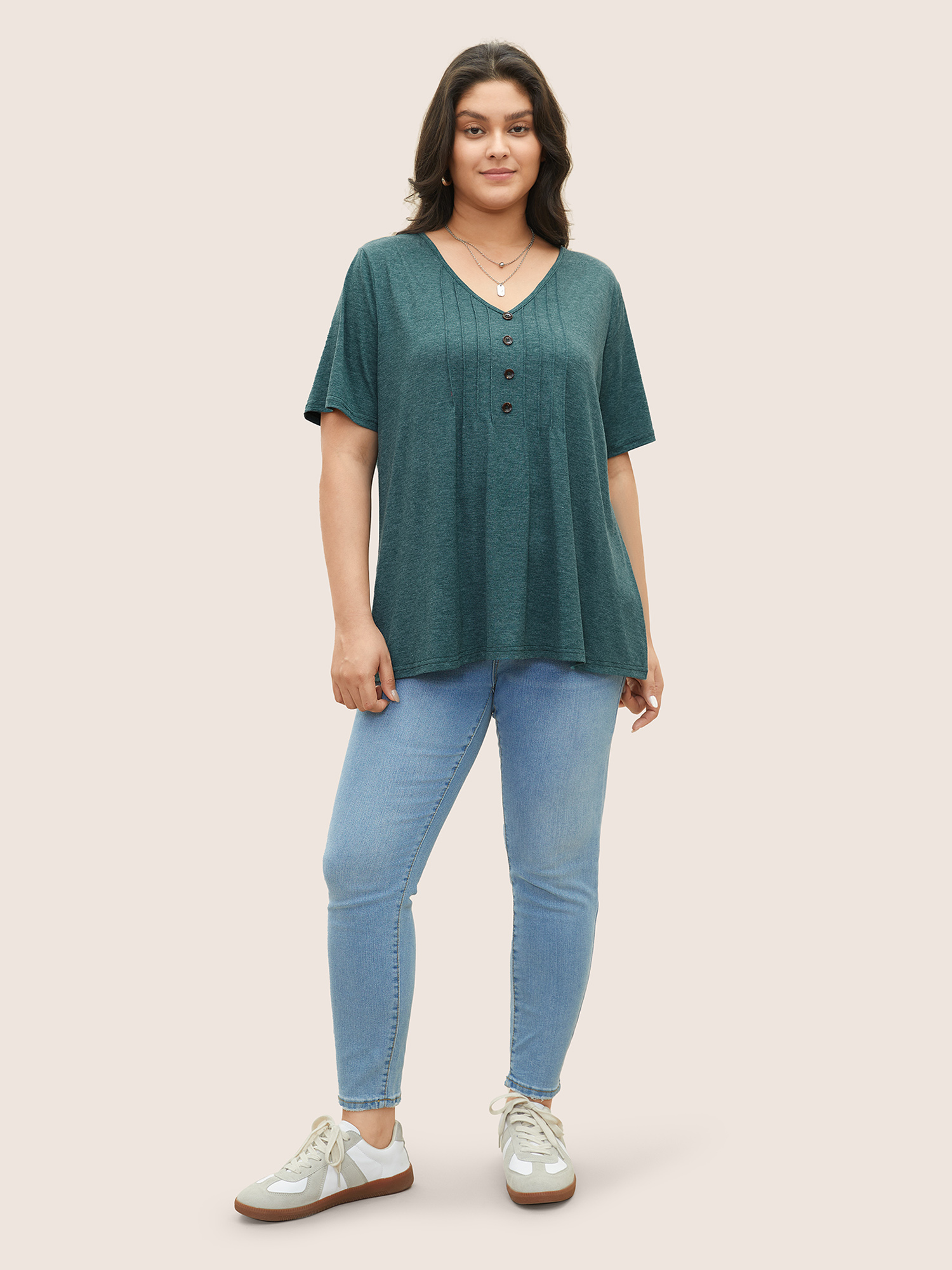 

Plus Size Solid Pleated Front Button Detail V Neck T-shirt DarkGreen Women Casual Button Plain V-neck Everyday T-shirts BloomChic