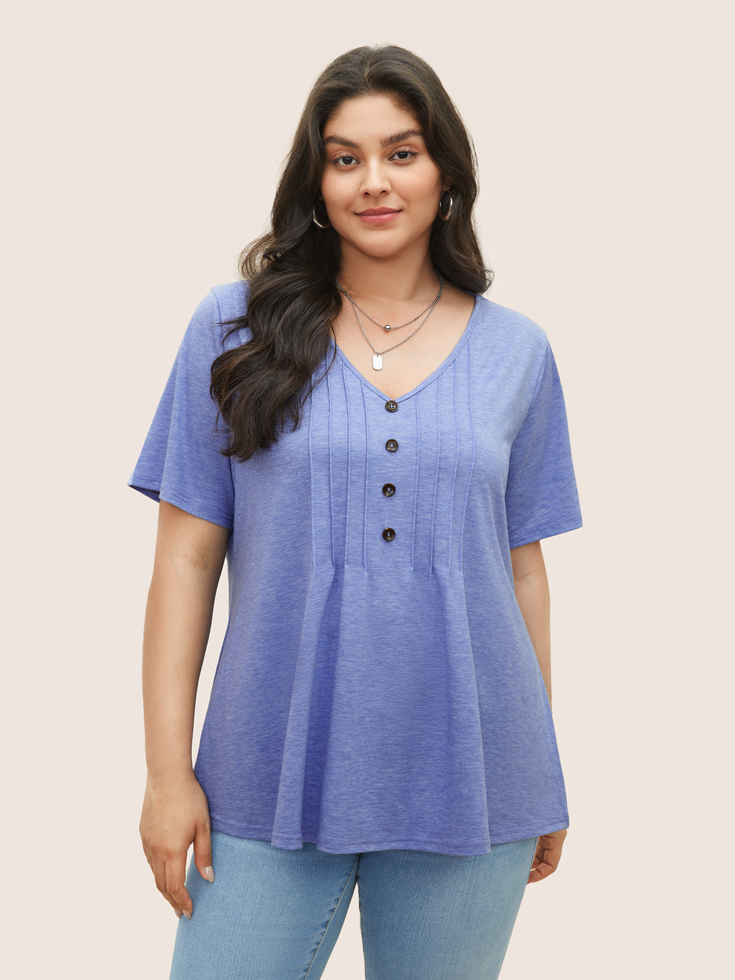 

Plus Size Solid Pleated Front Button Detail V Neck T-shirt LightBlue Women Casual Button Plain V-neck Everyday T-shirts BloomChic