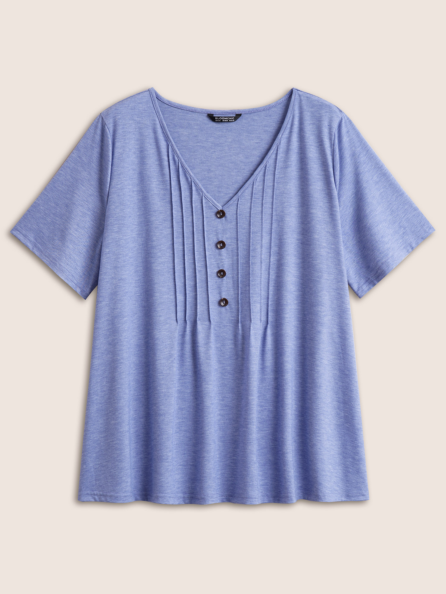 

Plus Size Solid Pleated Front Button Detail V Neck T-shirt LightBlue Women Casual Button Plain V-neck Everyday T-shirts BloomChic