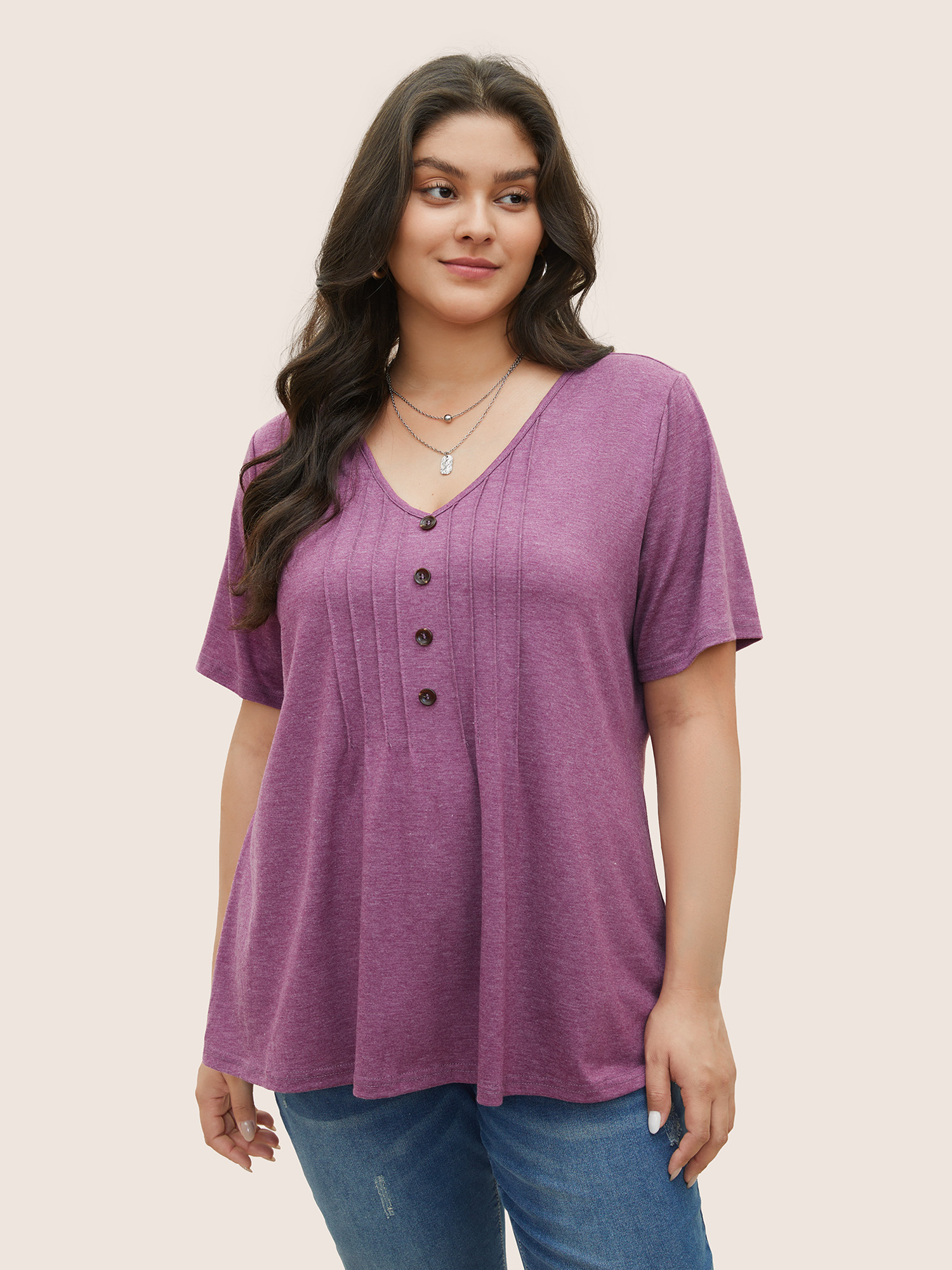 

Plus Size Solid Pleated Front Button Detail V Neck T-shirt Purple Women Casual Button Plain V-neck Everyday T-shirts BloomChic