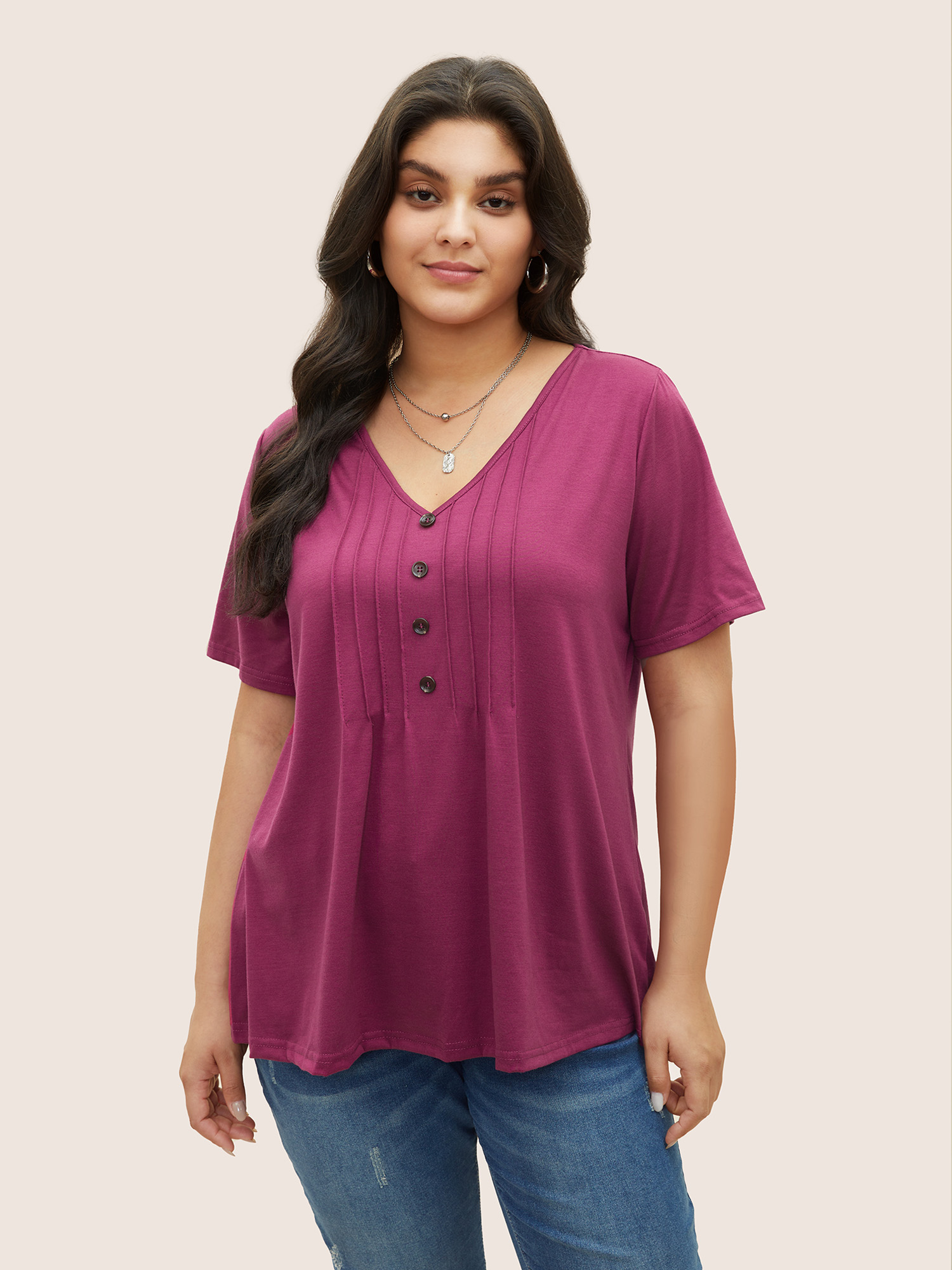 

Plus Size Solid Pleated Front Button Detail V Neck T-shirt RedViolet Women Casual Button Plain V-neck Everyday T-shirts BloomChic