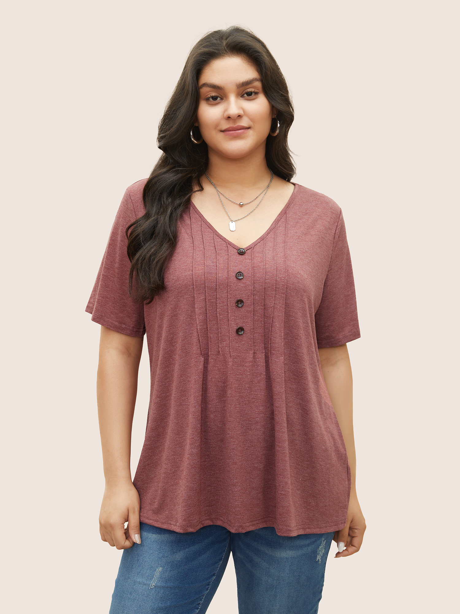 

Plus Size Solid Pleated Front Button Detail V Neck T-shirt Russet Women Casual Button Plain V-neck Everyday T-shirts BloomChic