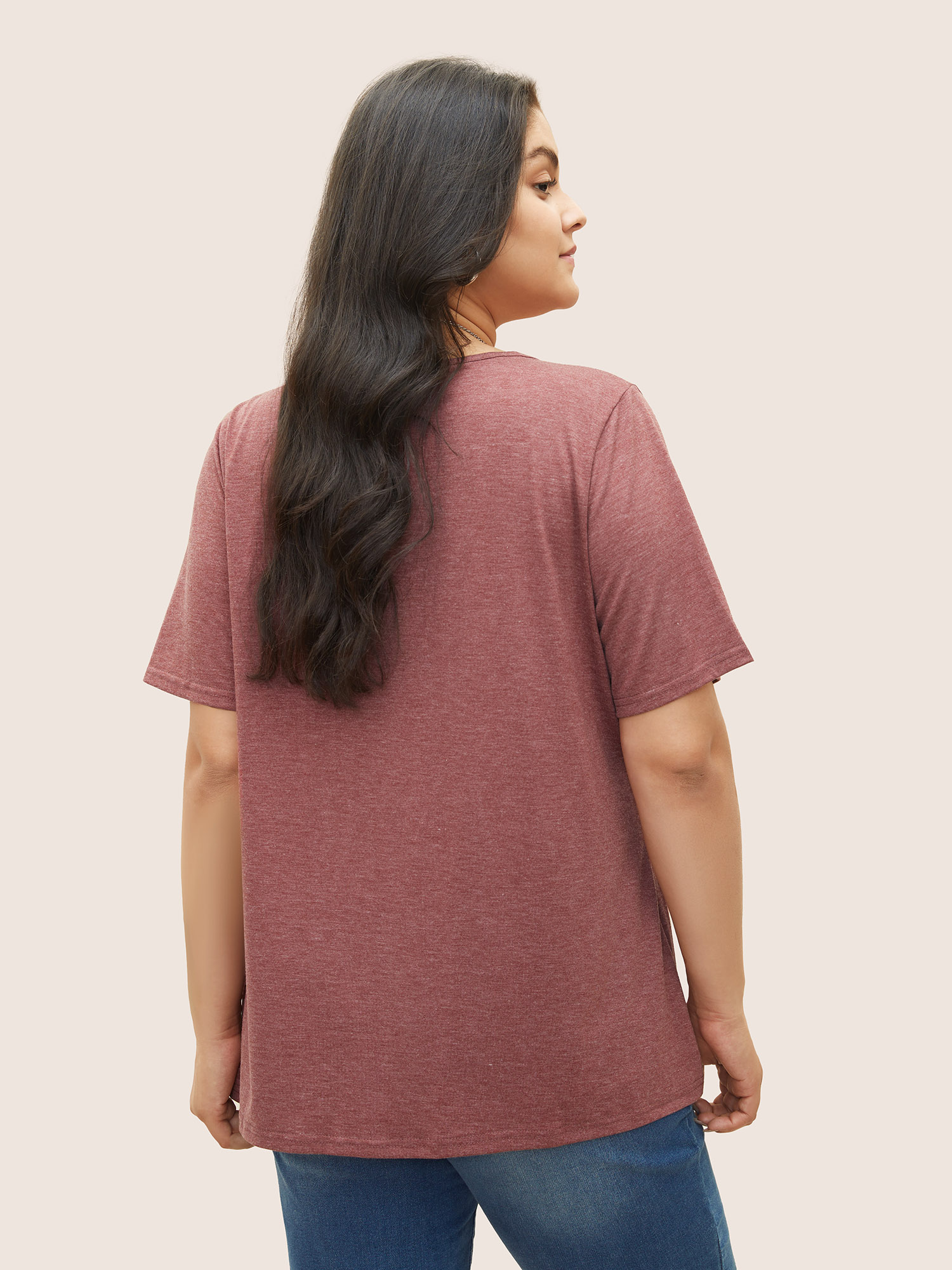 

Plus Size Solid Pleated Front Button Detail V Neck T-shirt Russet Women Casual Button Plain V-neck Everyday T-shirts BloomChic