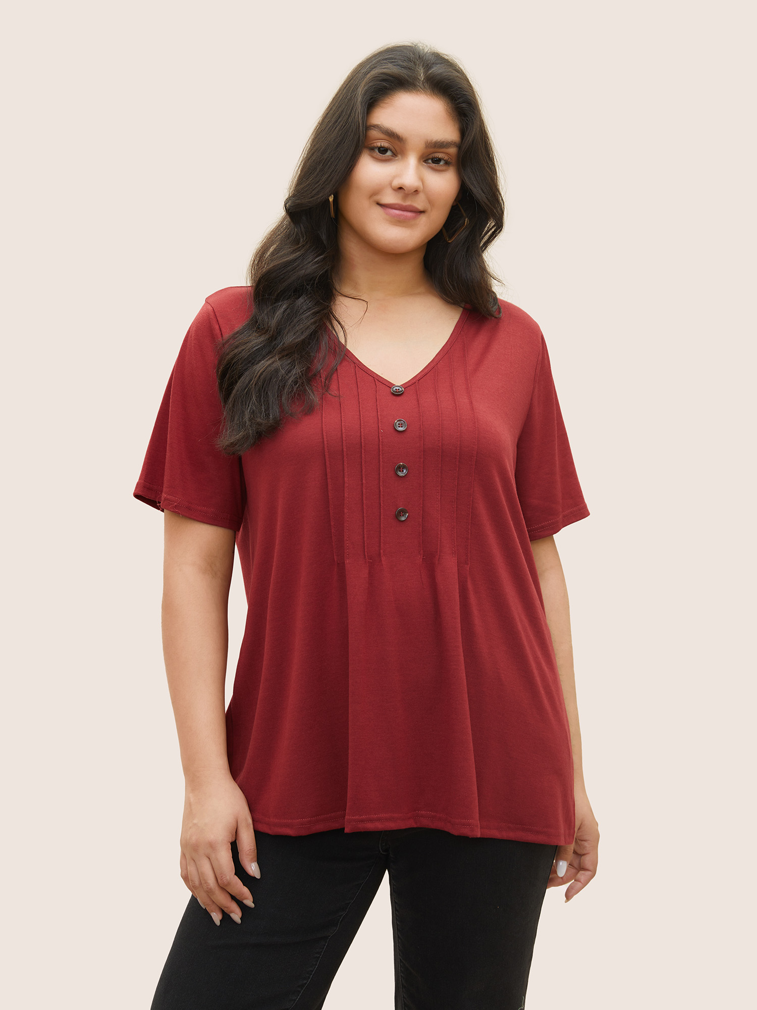 

Plus Size Solid Pleated Front Button Detail V Neck T-shirt Scarlet Women Casual Button Plain V-neck Everyday T-shirts BloomChic