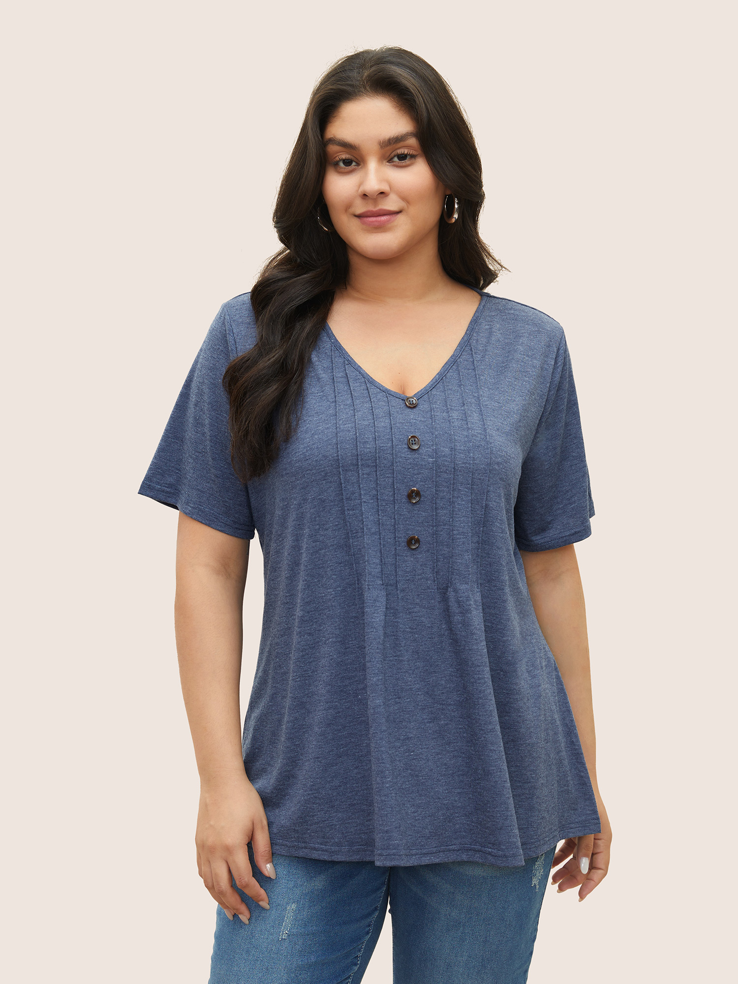 

Plus Size Solid Pleated Front Button Detail V Neck T-shirt Stone Women Casual Button Plain V-neck Everyday T-shirts BloomChic