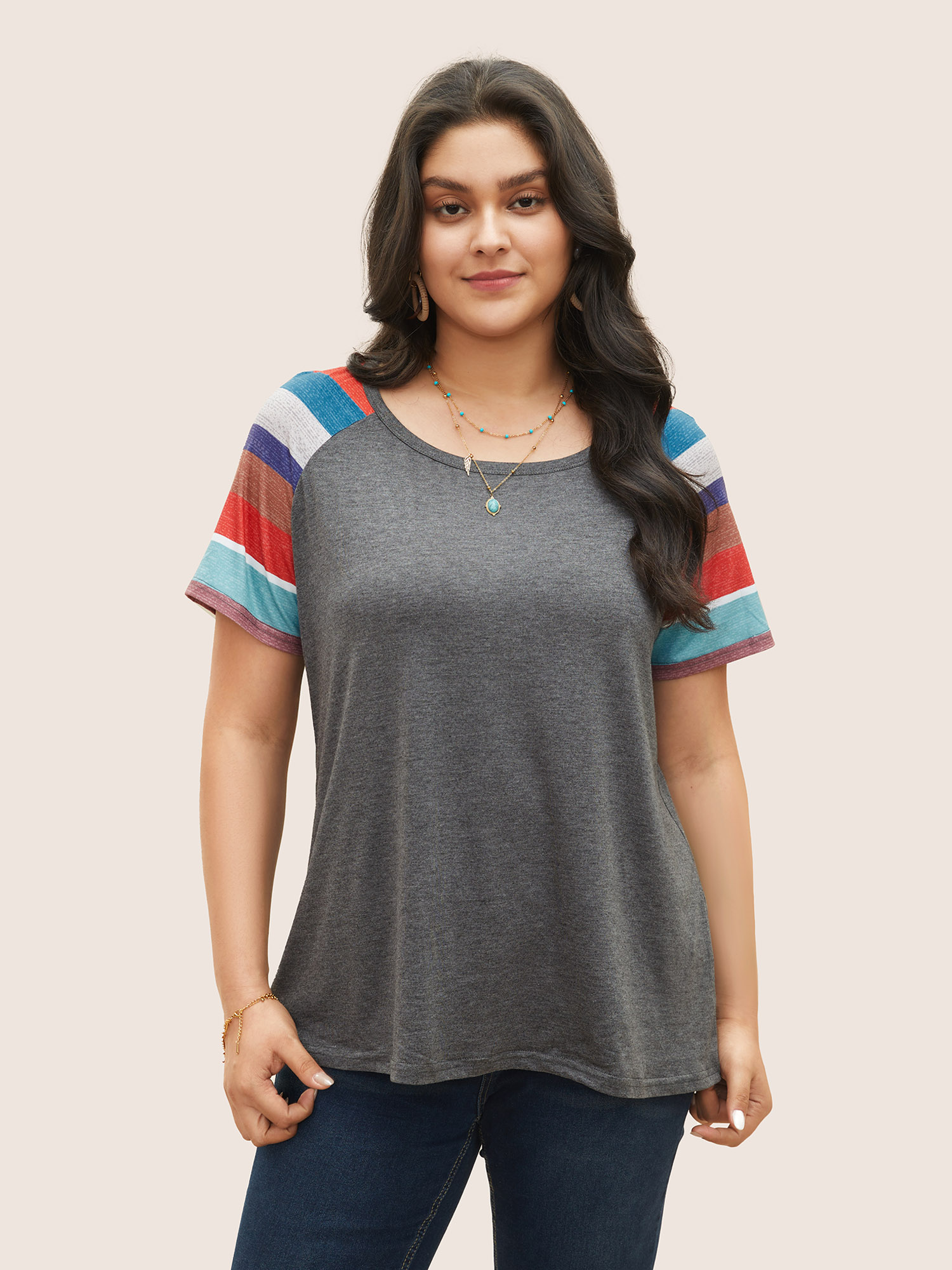 Plus Size Women Vacation Striped Raglan sleeve Short sleeve Round Neck Resort T-shirts BloomChic 