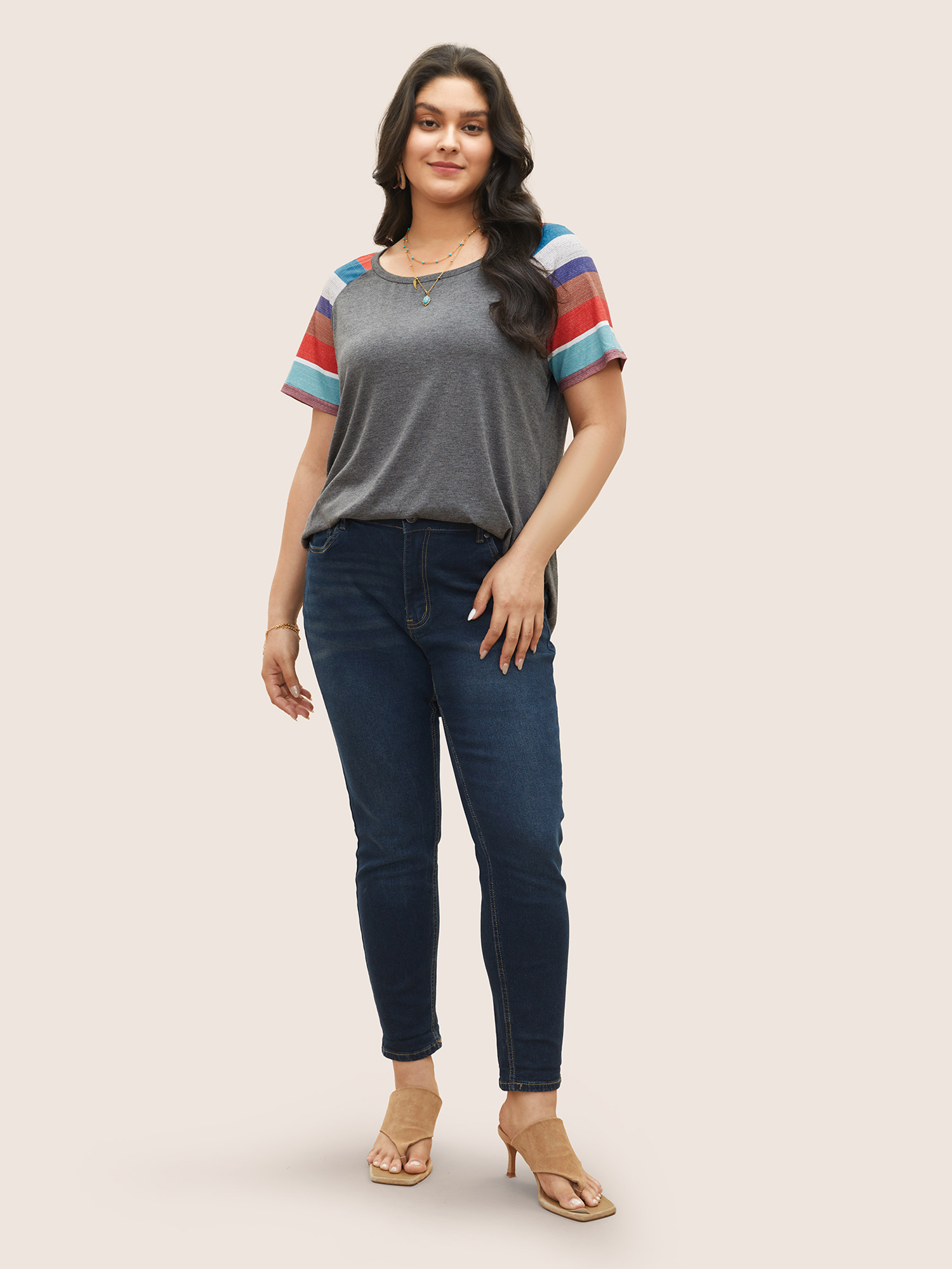 Plus Size Women Vacation Striped Raglan sleeve Short sleeve Round Neck Resort T-shirts BloomChic 