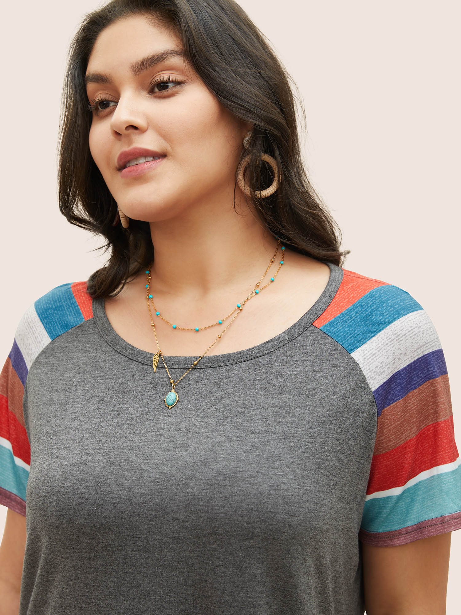 Plus Size Women Vacation Striped Raglan sleeve Short sleeve Round Neck Resort T-shirts BloomChic 