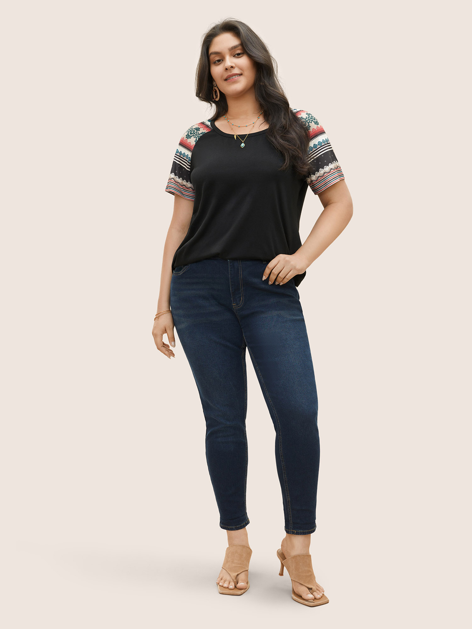 Plus Size Striped Contrast Raglan Sleeve Round Neck T-shirt Multicolor Women Resort Striped Round Neck Vacation T-shirts BloomChic 18-20/2X 