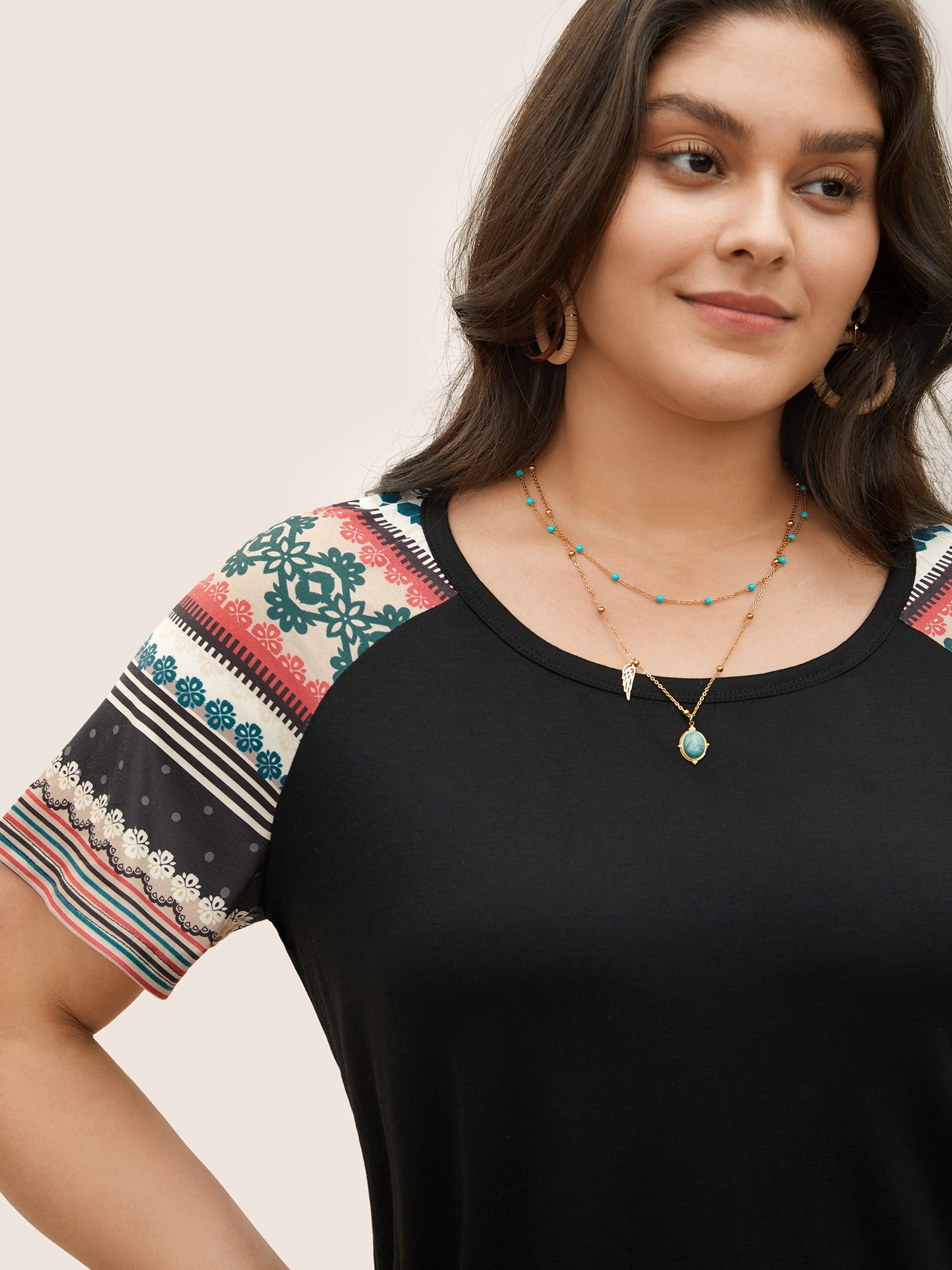 Plus Size Striped Contrast Raglan Sleeve Round Neck T-shirt Multicolor Women Resort Striped Round Neck Vacation T-shirts BloomChic 18-20/2X 