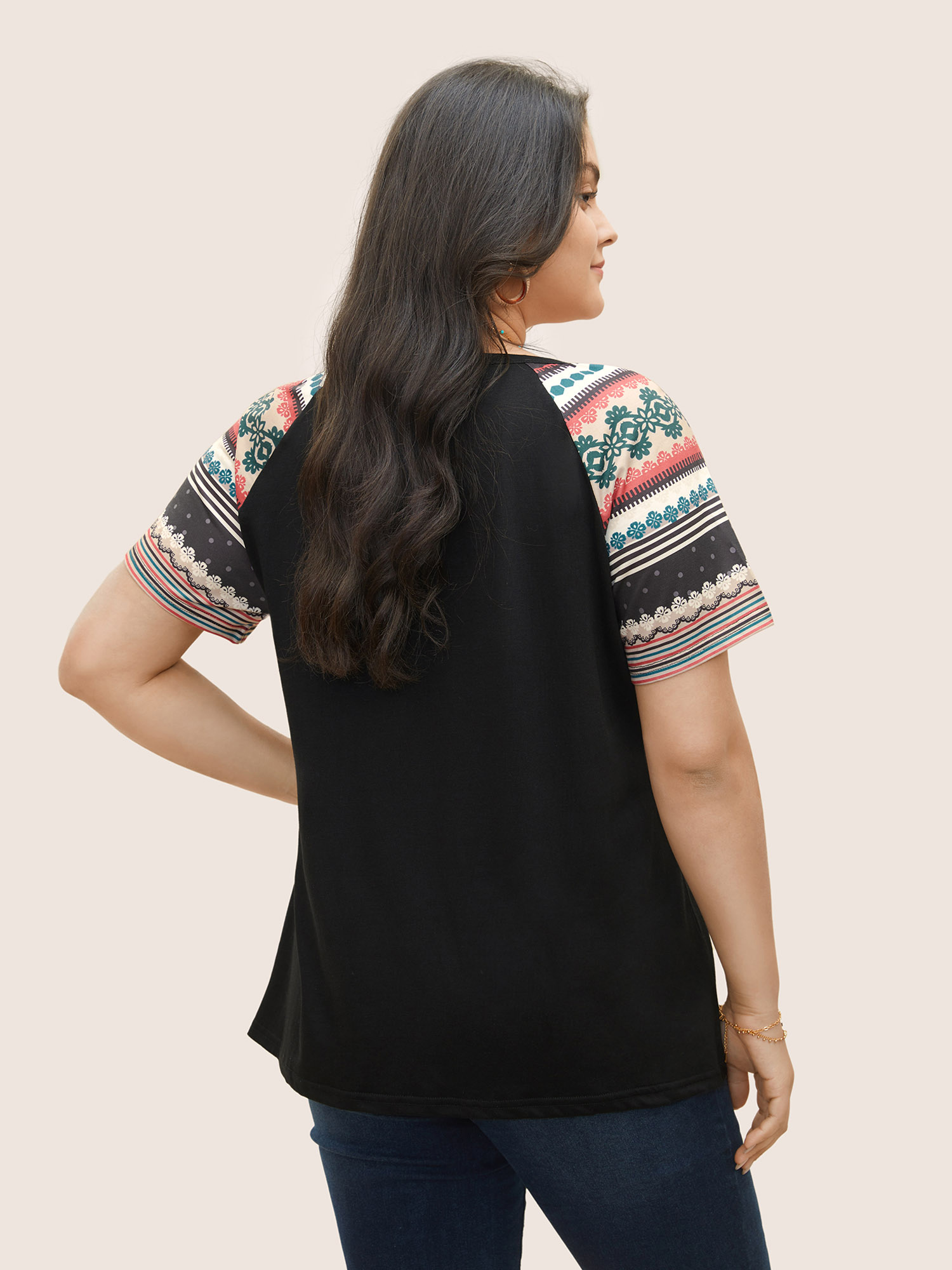Plus Size Striped Contrast Raglan Sleeve Round Neck T-shirt Multicolor Women Resort Striped Round Neck Vacation T-shirts BloomChic 18-20/2X 