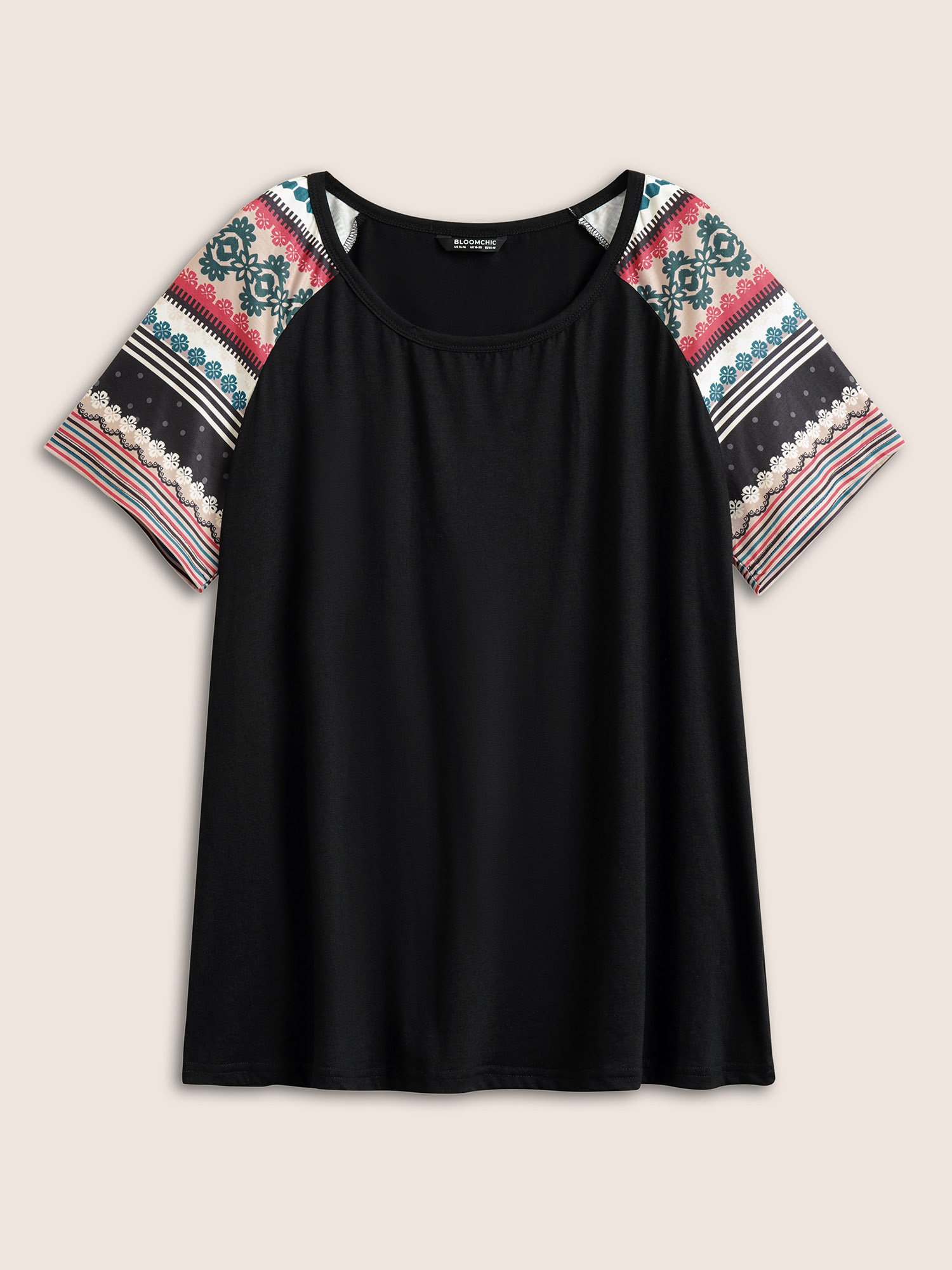 Plus Size Striped Contrast Raglan Sleeve Round Neck T-shirt Multicolor Women Resort Striped Round Neck Vacation T-shirts BloomChic 18-20/2X 