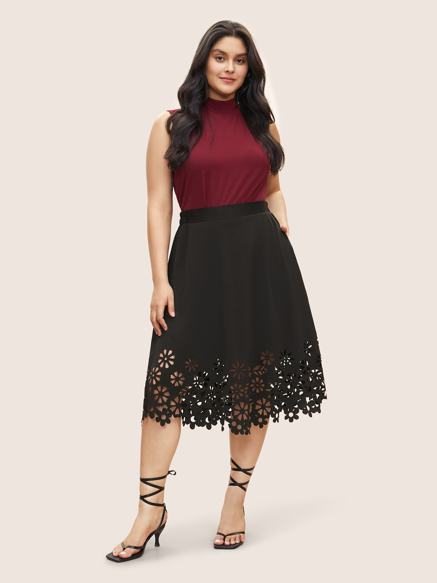 Plus Size Solid Pocket Elastic Waist Laser Cut Midi Skirt Women Black Elegant Non No stretch Slanted pocket Everyday Skirts BloomChic 14-16/1X 