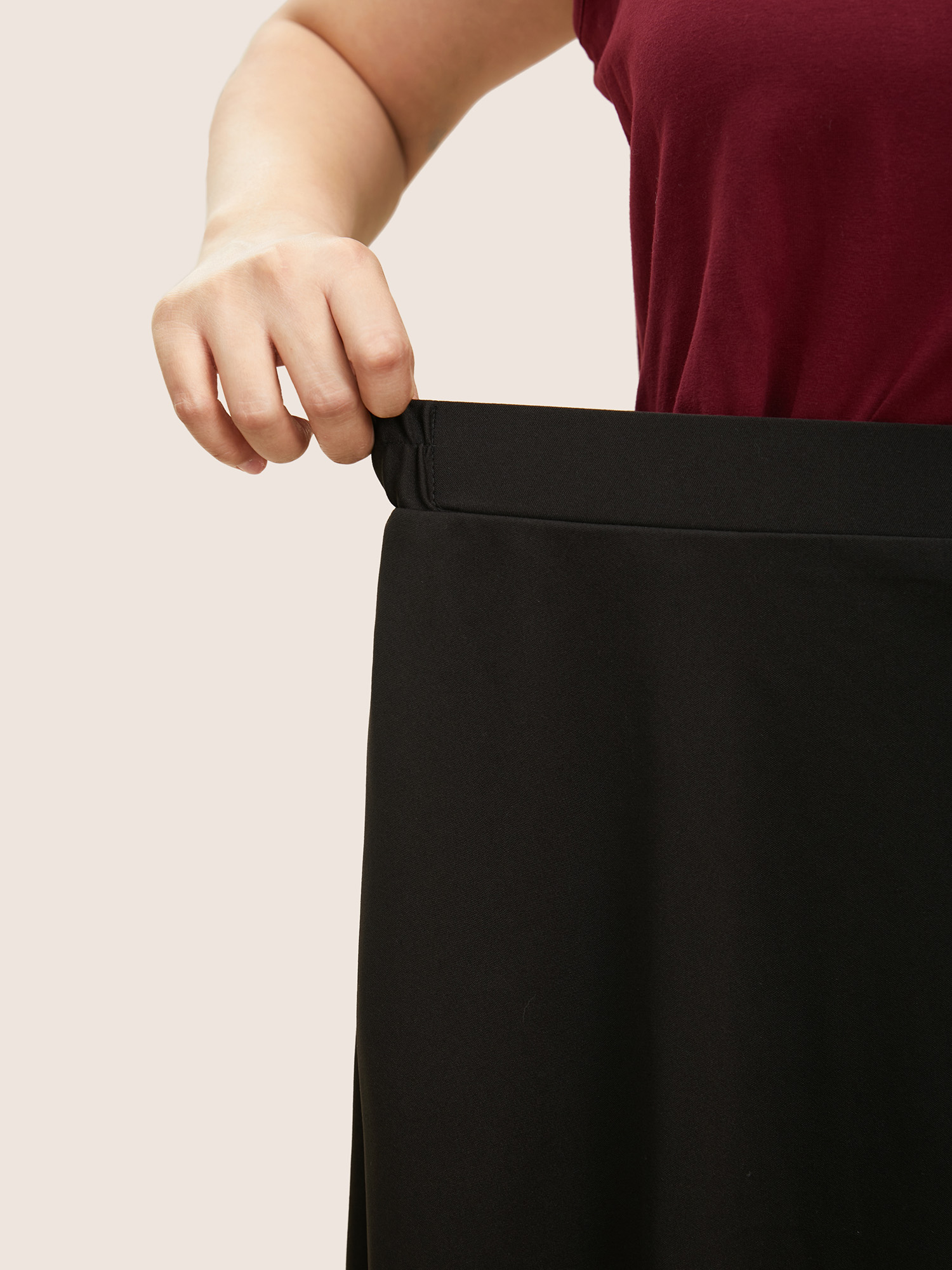 Plus Size Solid Pocket Elastic Waist Laser Cut Midi Skirt Women Black Elegant Non No stretch Slanted pocket Everyday Skirts BloomChic 14-16/1X 