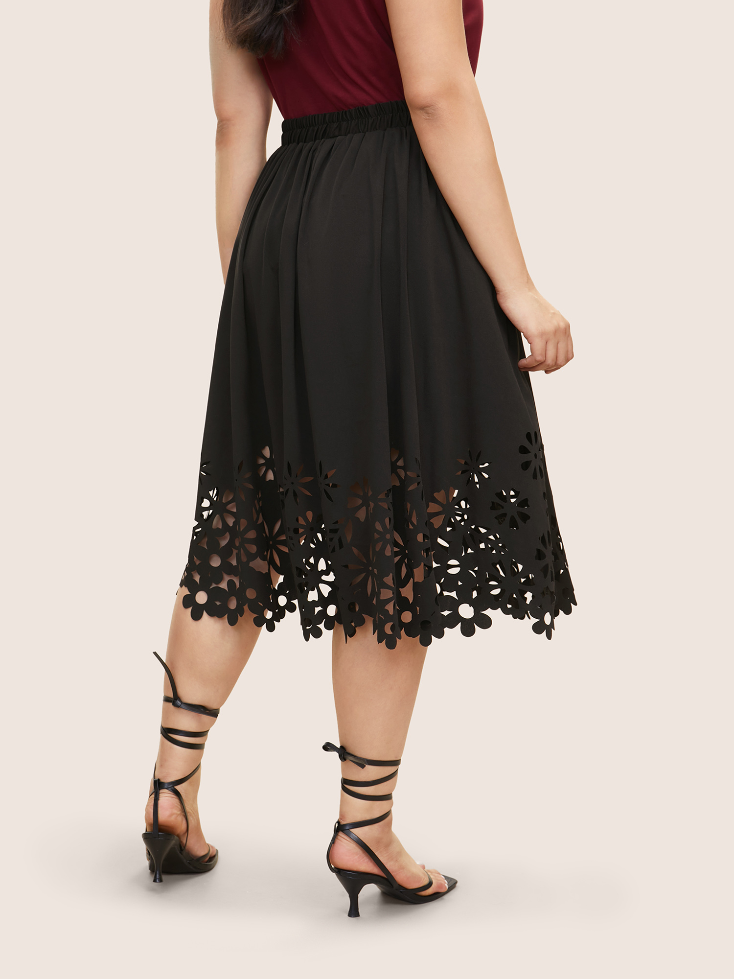Plus Size Solid Pocket Elastic Waist Laser Cut Midi Skirt Women Black Elegant Non No stretch Slanted pocket Everyday Skirts BloomChic 14-16/1X 