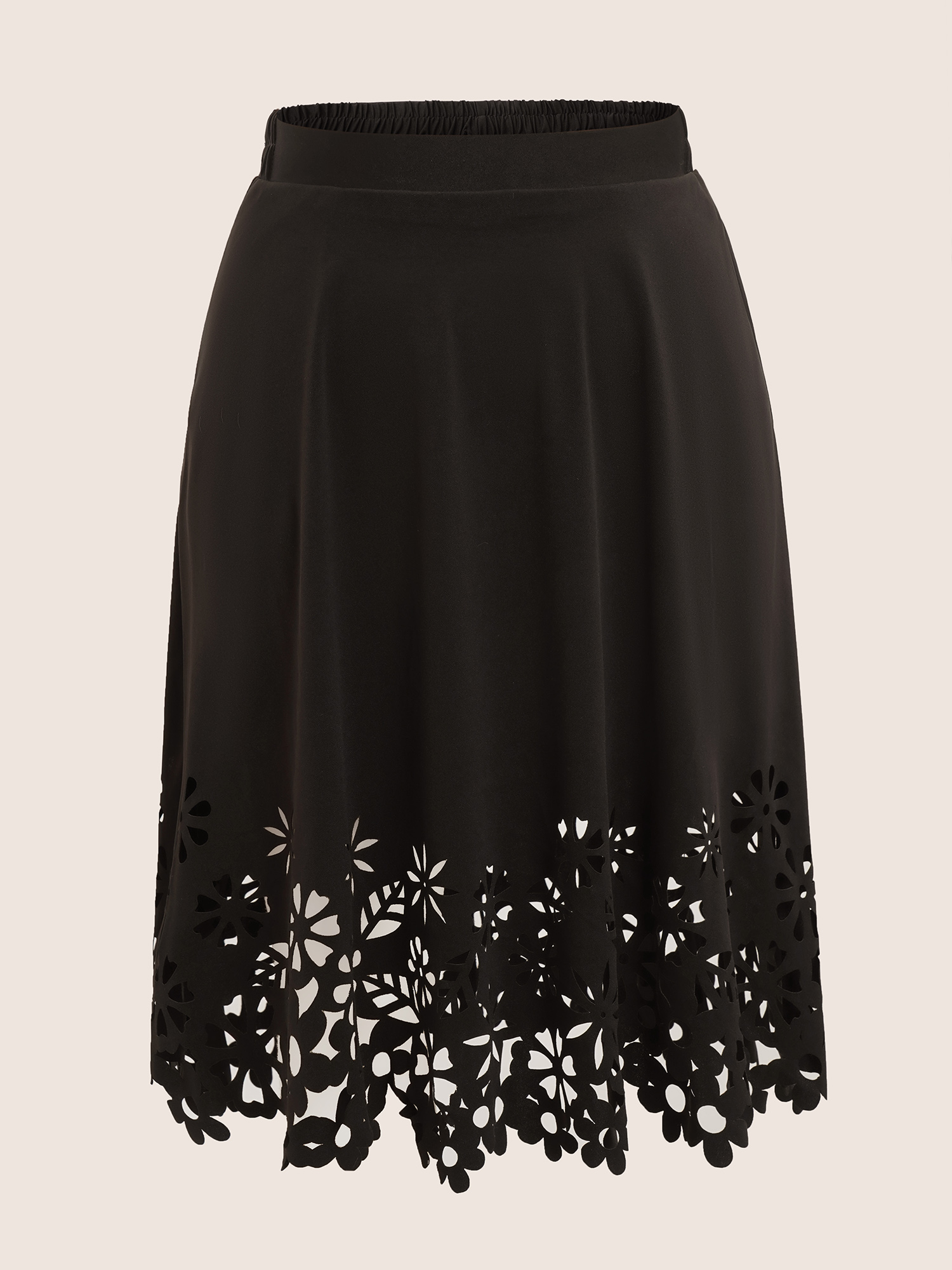 Plus Size Solid Pocket Elastic Waist Laser Cut Midi Skirt Women Black Elegant Non No stretch Slanted pocket Everyday Skirts BloomChic 14-16/1X 