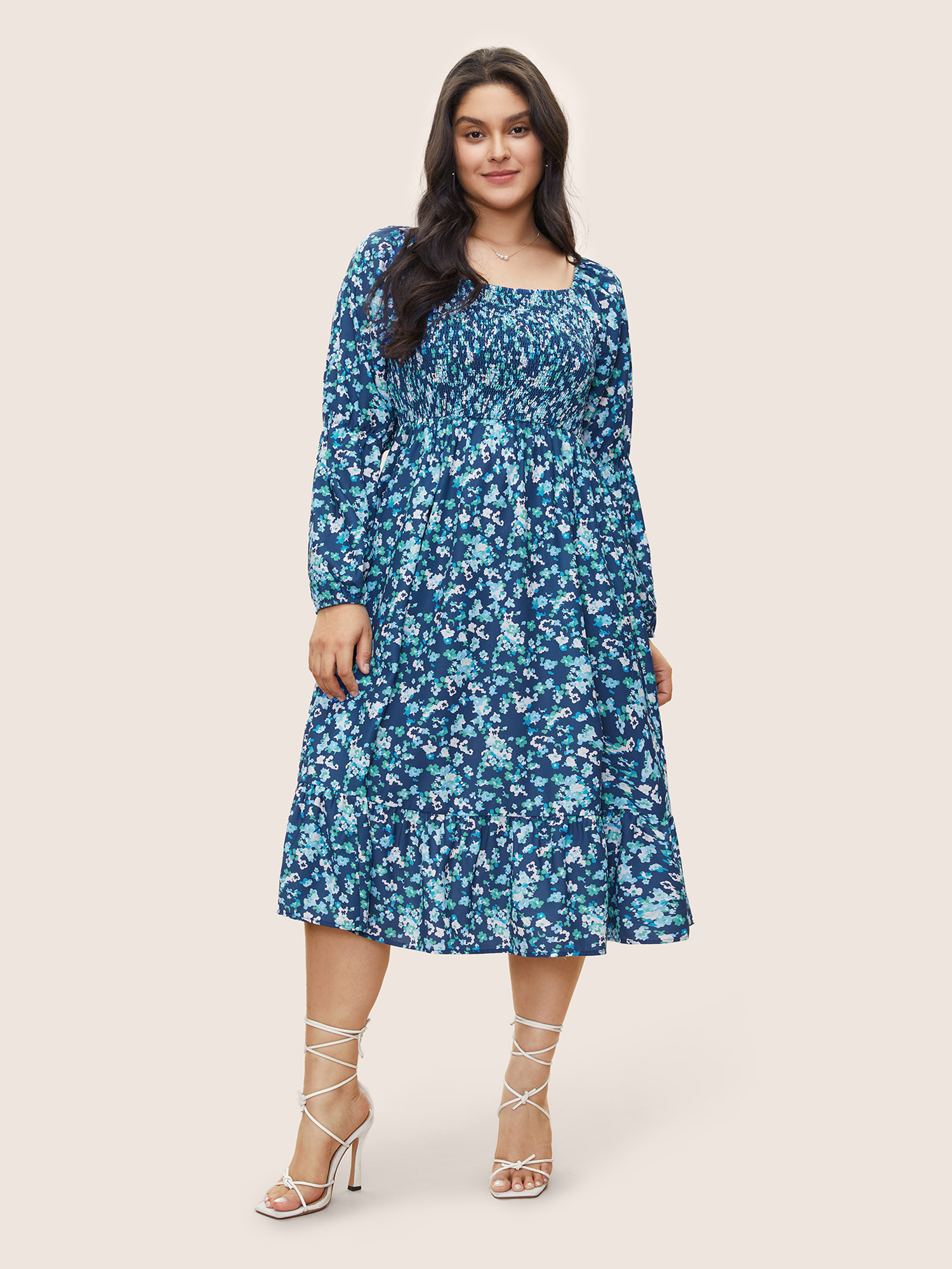 Plus Size Square Neck Ditsy Floral Shirred Elastic Waist Dress Aegean Women Elegant Non Square Neck Long Sleeve Curvy Midi Dress BloomChic 22-24/3X 