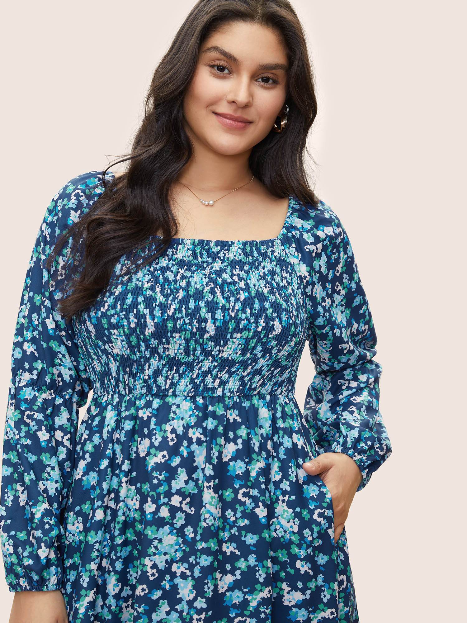 Plus Size Square Neck Ditsy Floral Shirred Elastic Waist Dress Aegean Women Elegant Non Square Neck Long Sleeve Curvy Midi Dress BloomChic 22-24/3X 