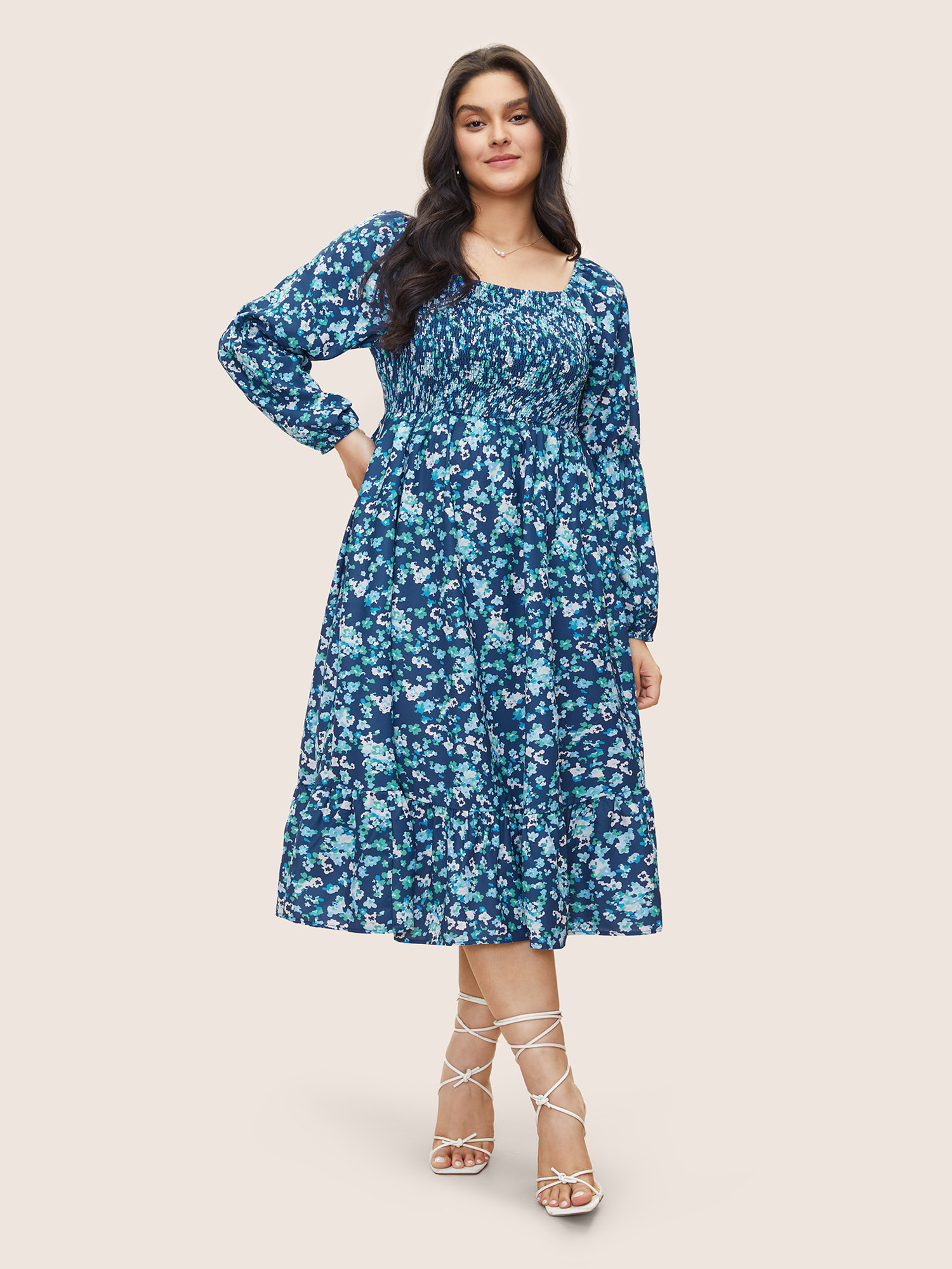 

Plus Size Square Neck Ditsy Floral Shirred Elastic Waist Dress Aegean Women Elegant Non Square Neck Long Sleeve Curvy Midi Dress BloomChic