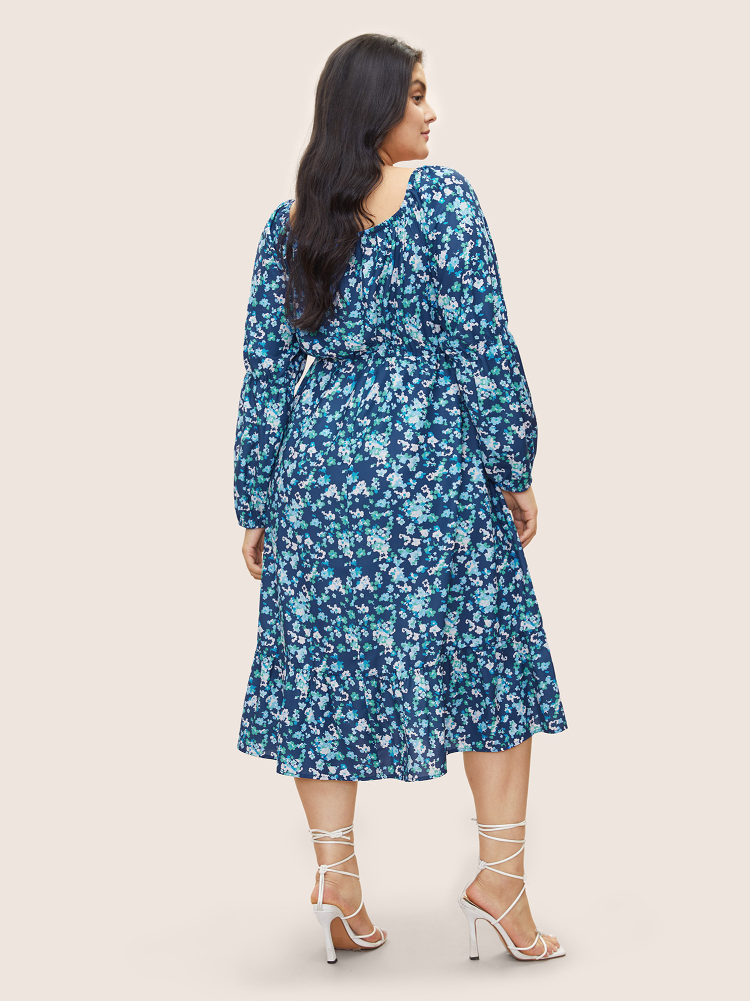 Plus Size Square Neck Ditsy Floral Shirred Elastic Waist Dress Aegean Women Elegant Non Square Neck Long Sleeve Curvy Midi Dress BloomChic 22-24/3X 