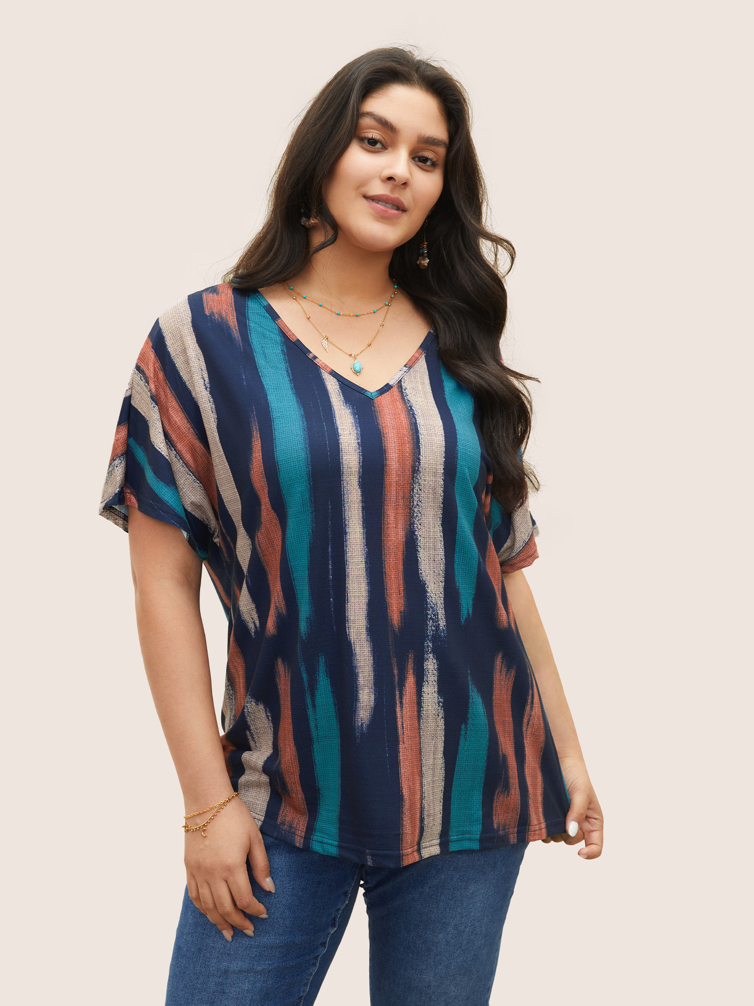 

Plus Size Striped Contrast Dolman Sleeve V Neck T-shirt Cyan Women Casual Striped V-neck Everyday T-shirts BloomChic