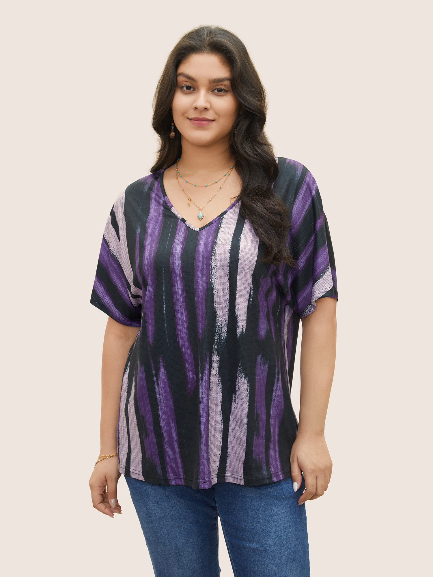 

Mauve Striped Casual Plus Size T-shirts Women Vacation Slightly Stretchy Dolman Sleeve Short Sleeve V Neck Dailywear T-shirts BloomChic