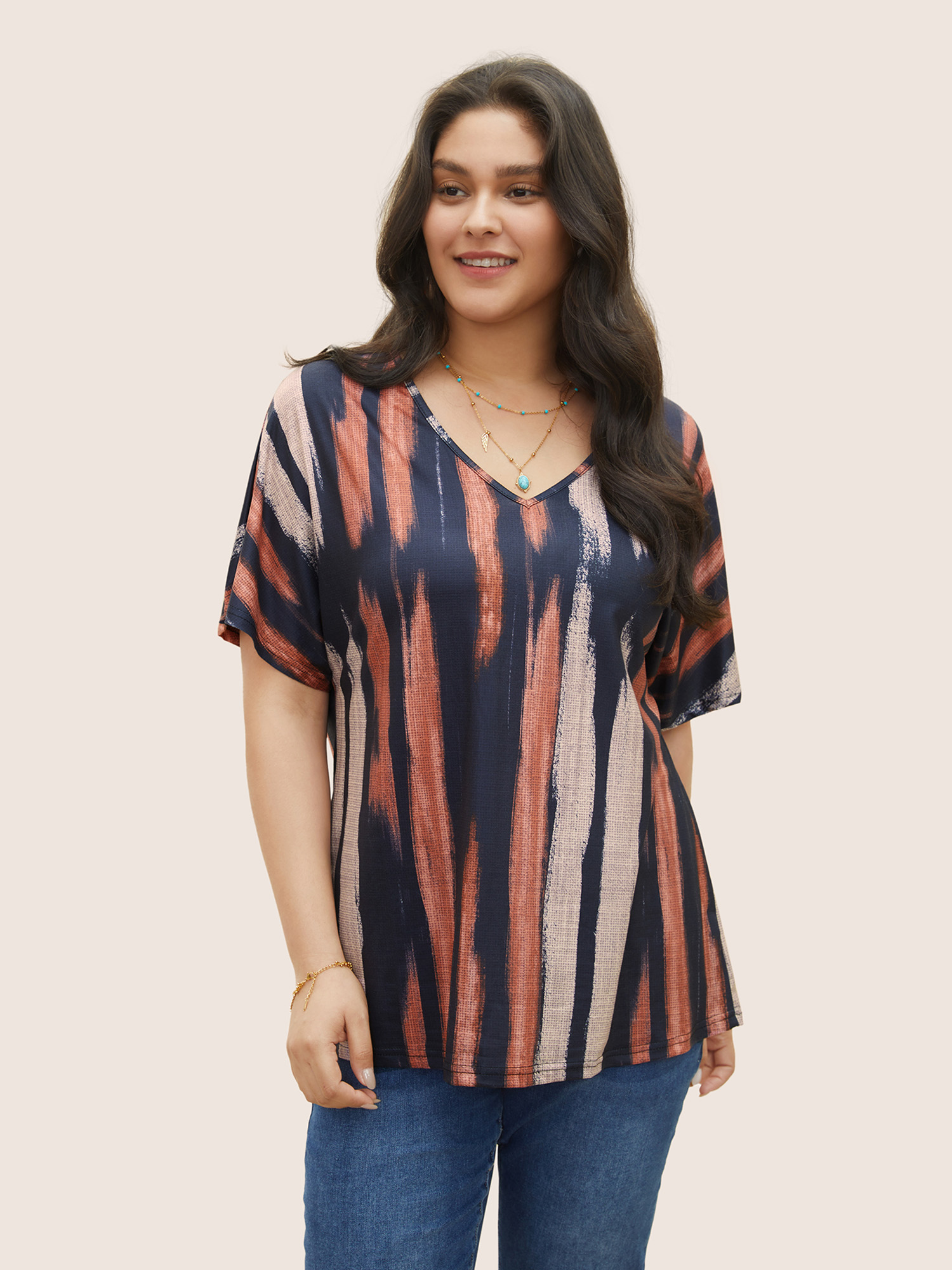 

Plus Size Striped Contrast Dolman Sleeve V Neck T-shirt Midnight Women Casual Striped V-neck Everyday T-shirts BloomChic