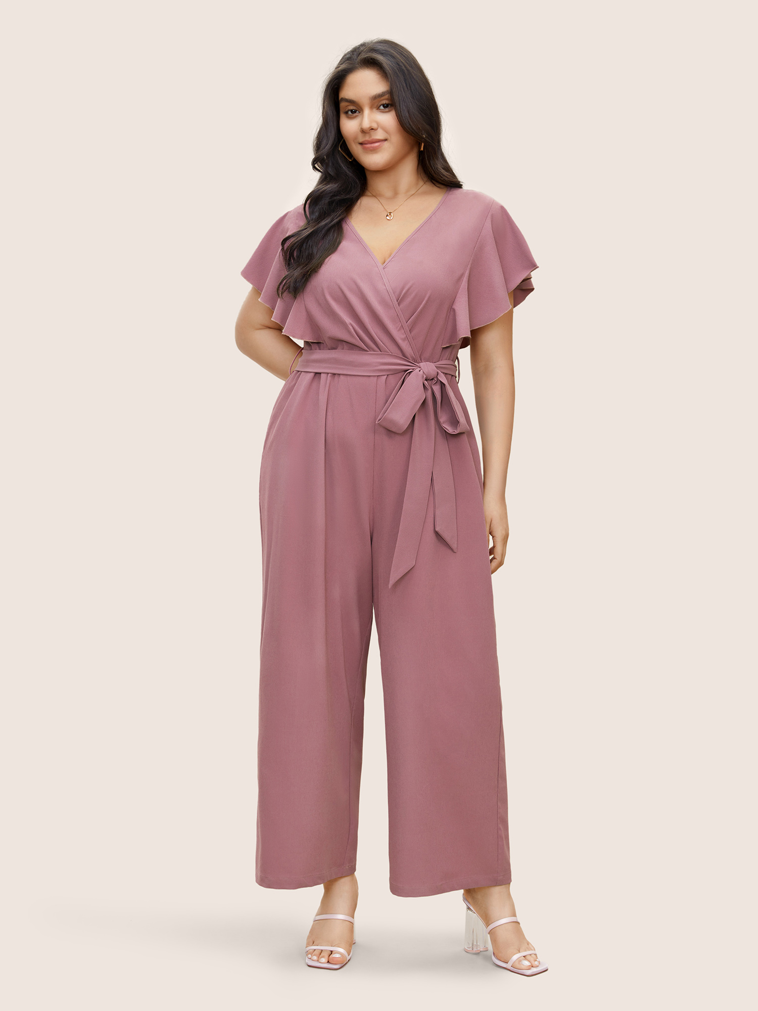 

Plus Size Russet Plain Flutter Trim Cap Sleeve Belted Jumpsuit Women Elegant Cap Sleeve Overlap Collar Everyday Loose Jumpsuits BloomChic