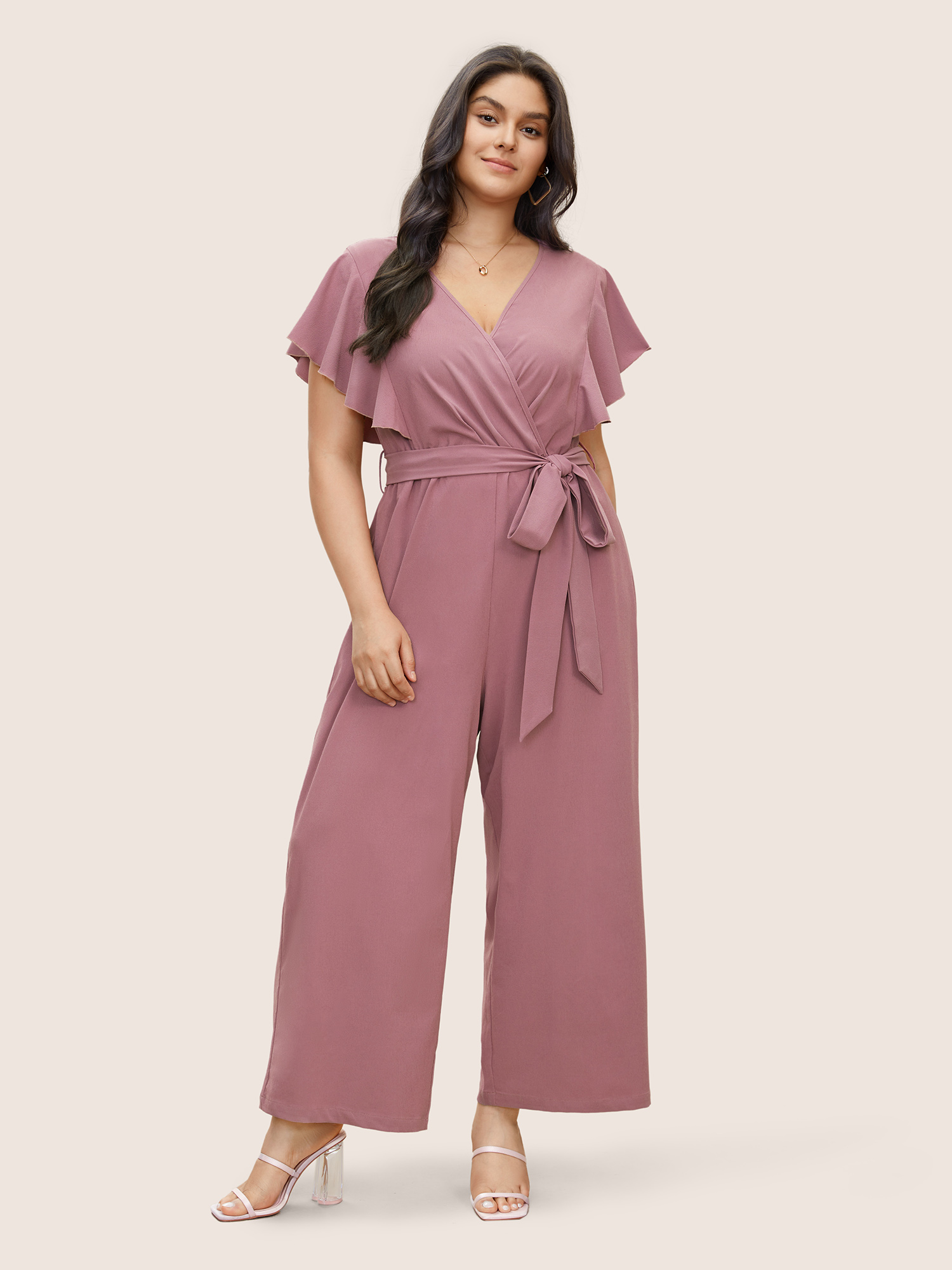 

Plus Size Russet Plain Flutter Trim Cap Sleeve Belted Jumpsuit Women Elegant Cap Sleeve Overlap Collar Everyday Loose Jumpsuits BloomChic