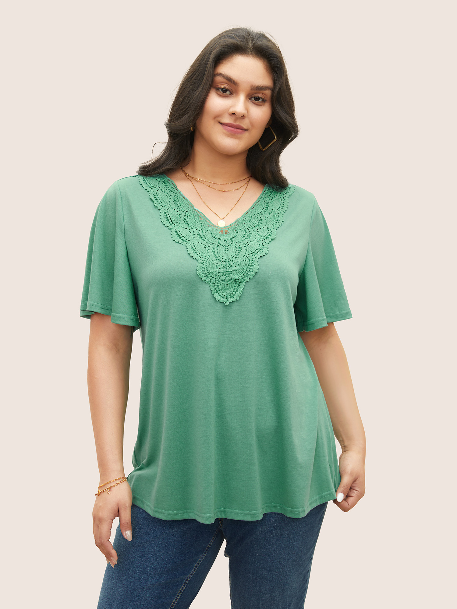 

Solid Ruffle Sleeve Lace V Neck T-shirt, Mint