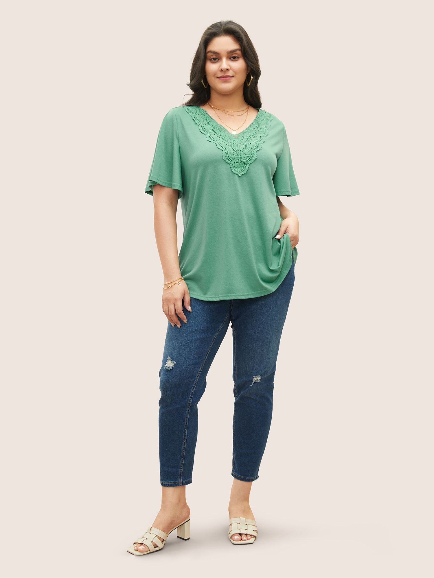 

Plus Size Solid Ruffle Sleeve Lace V Neck T-shirt Mint V-neck Short sleeve Elegant Jersey Tops