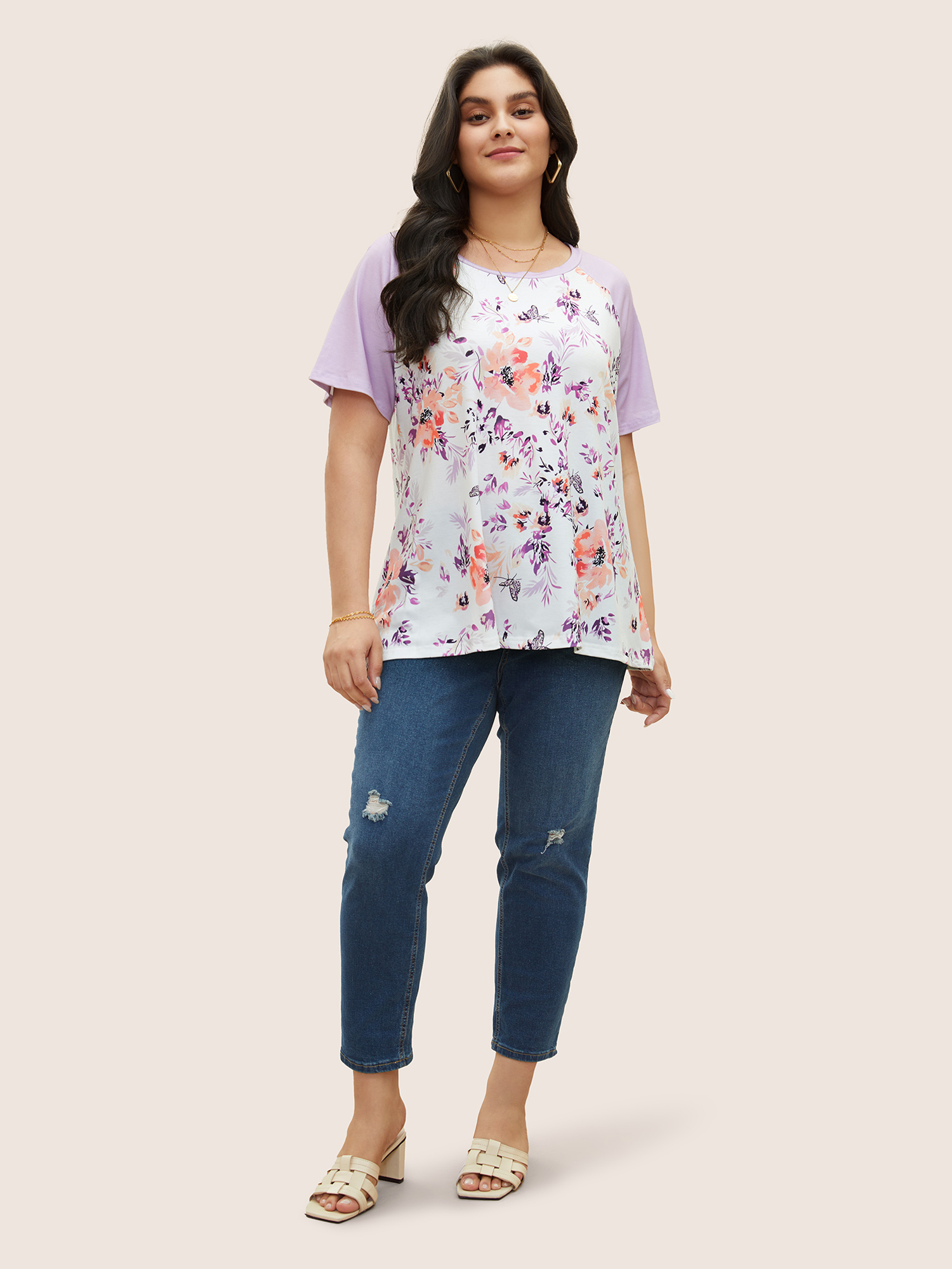 

Plus Size Floral & Butterfly Print Raglan Sleeve T-shirt Lilac Women Elegant Patchwork Floral Round Neck Everyday T-shirts BloomChic