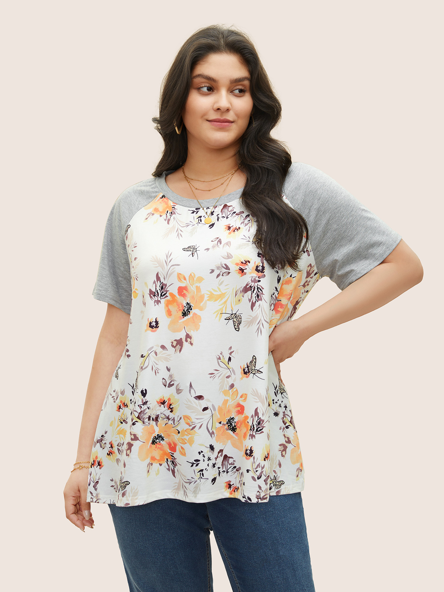 

Plus Size Floral & Butterfly Print Raglan Sleeve T-shirt White Women Elegant Patchwork Floral Round Neck Everyday T-shirts BloomChic