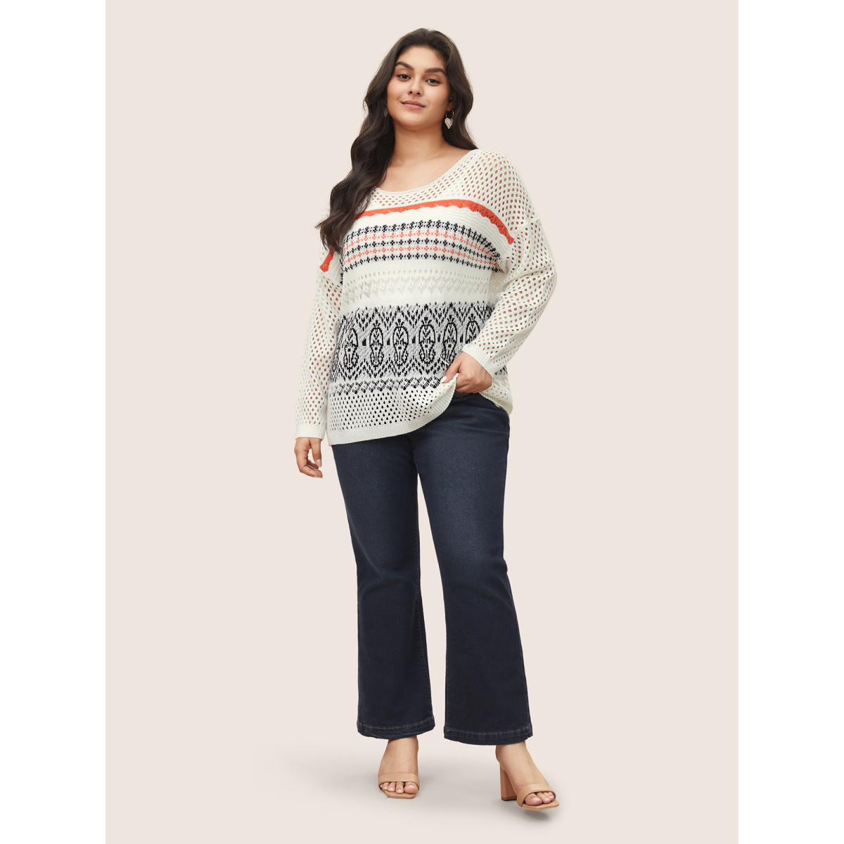 

Plus Size Jacquard Hollow Out Drop Shoulder Pullover White Women Casual Long Sleeve Round Neck Everyday Pullovers BloomChic