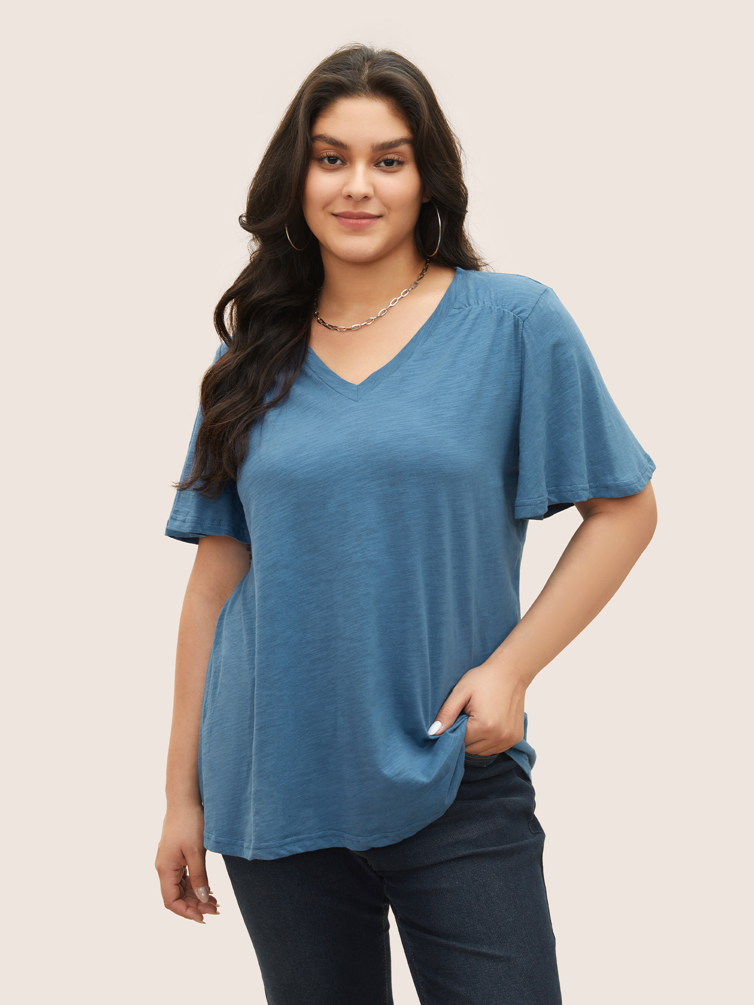 

Plus Size Plain Ruffle Sleeve Heather V Neck T-shirt Aegean Women Casual Plain V-neck Everyday T-shirts BloomChic