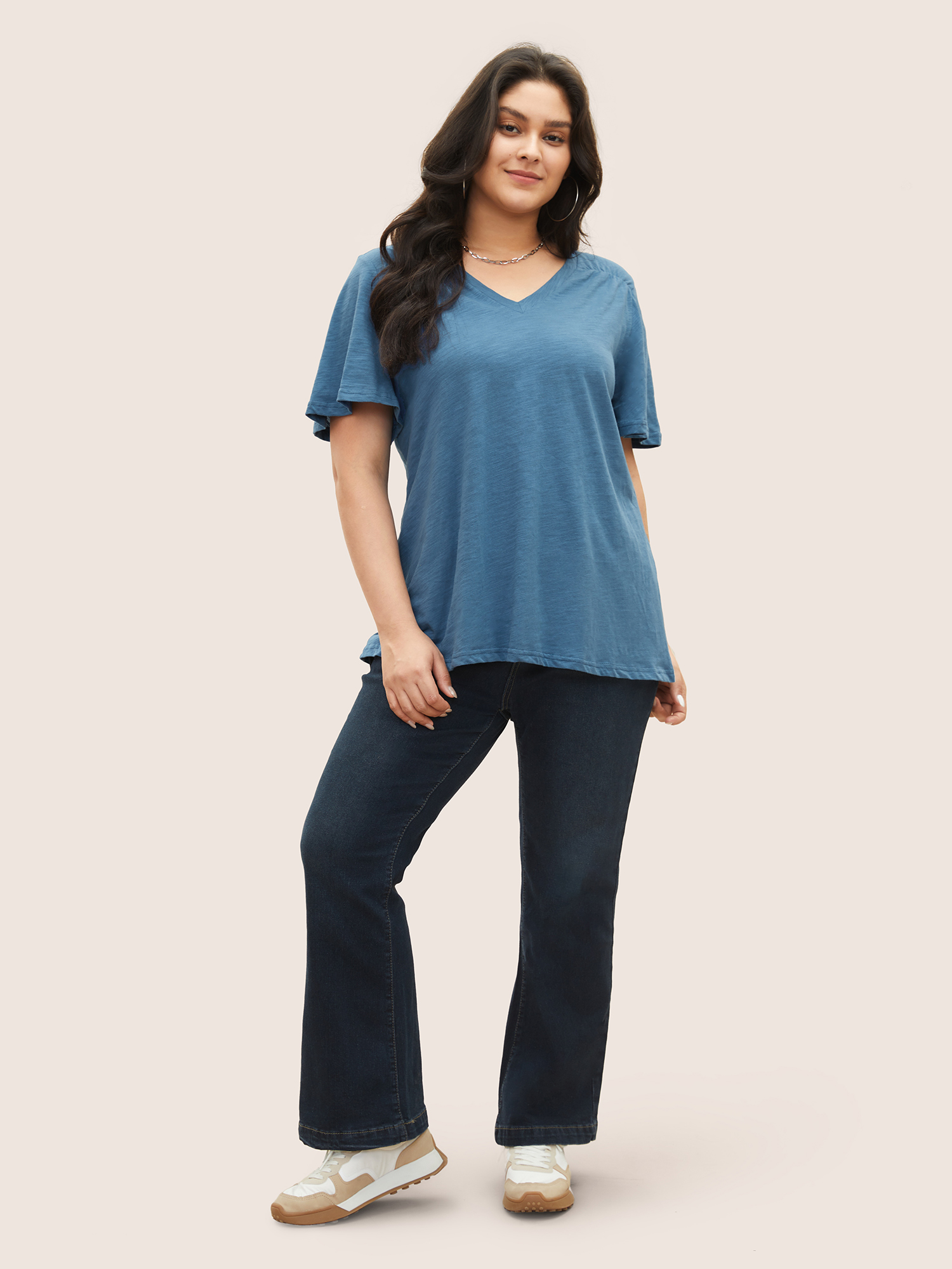 

Plus Size Plain Ruffle Sleeve Heather V Neck T-shirt Aegean Women Casual Plain V-neck Everyday T-shirts BloomChic