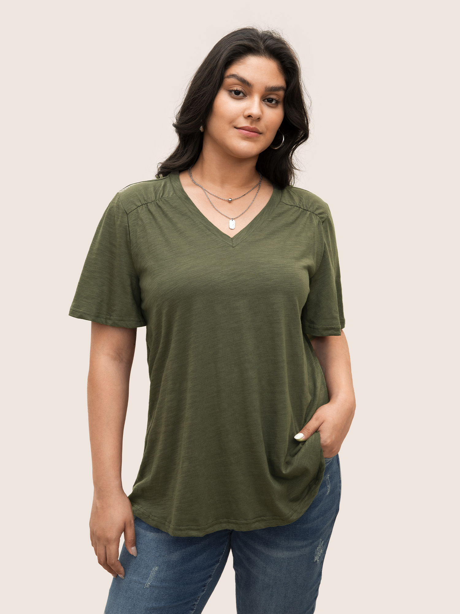 

Plus Size Plain Ruffle Sleeve Heather V Neck T-shirt ArmyGreen Women Casual Plain V-neck Everyday T-shirts BloomChic