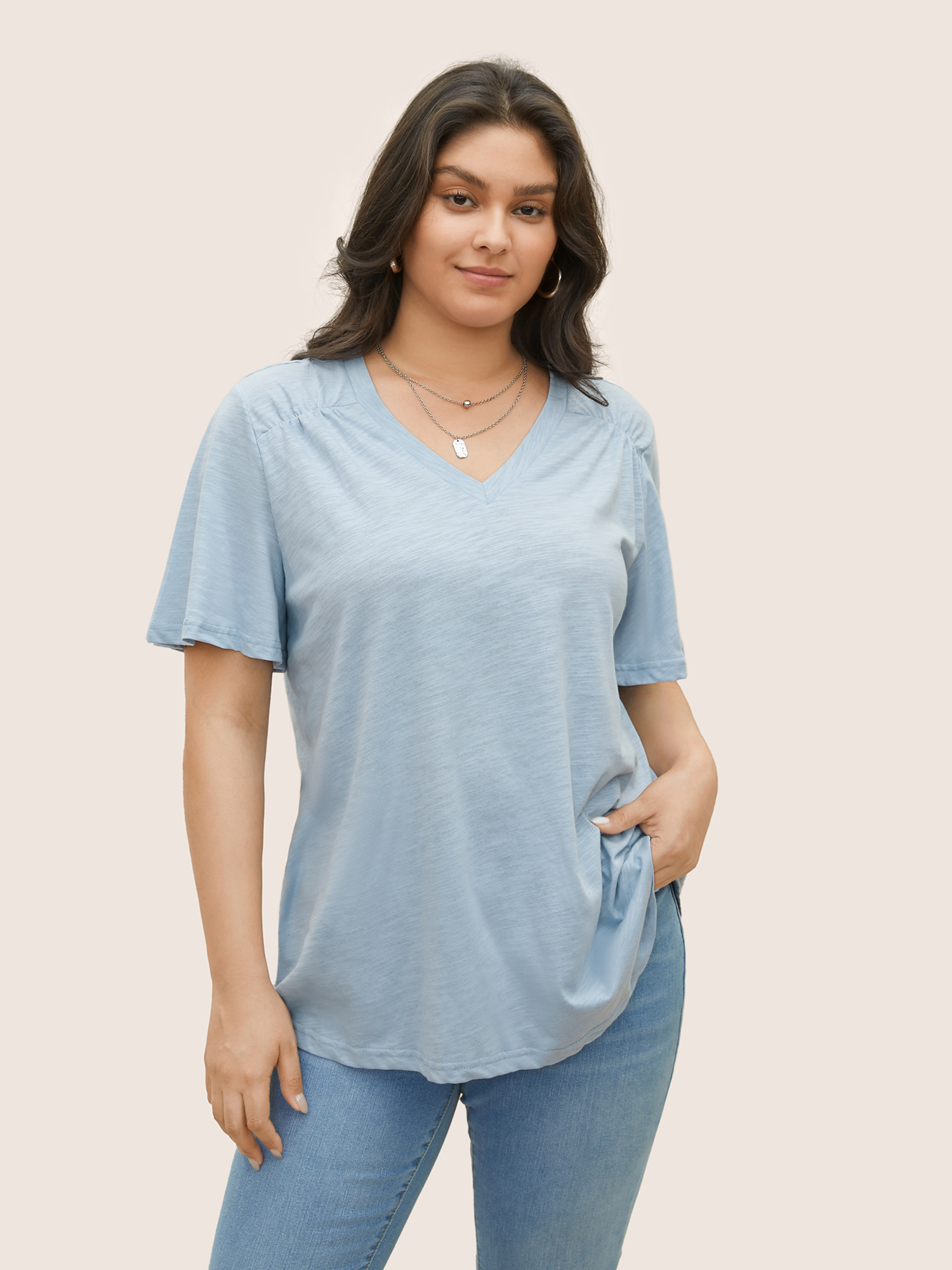 

Plus Size Plain Ruffle Sleeve Heather V Neck T-shirt LightBlue Women Casual Plain V-neck Everyday T-shirts BloomChic