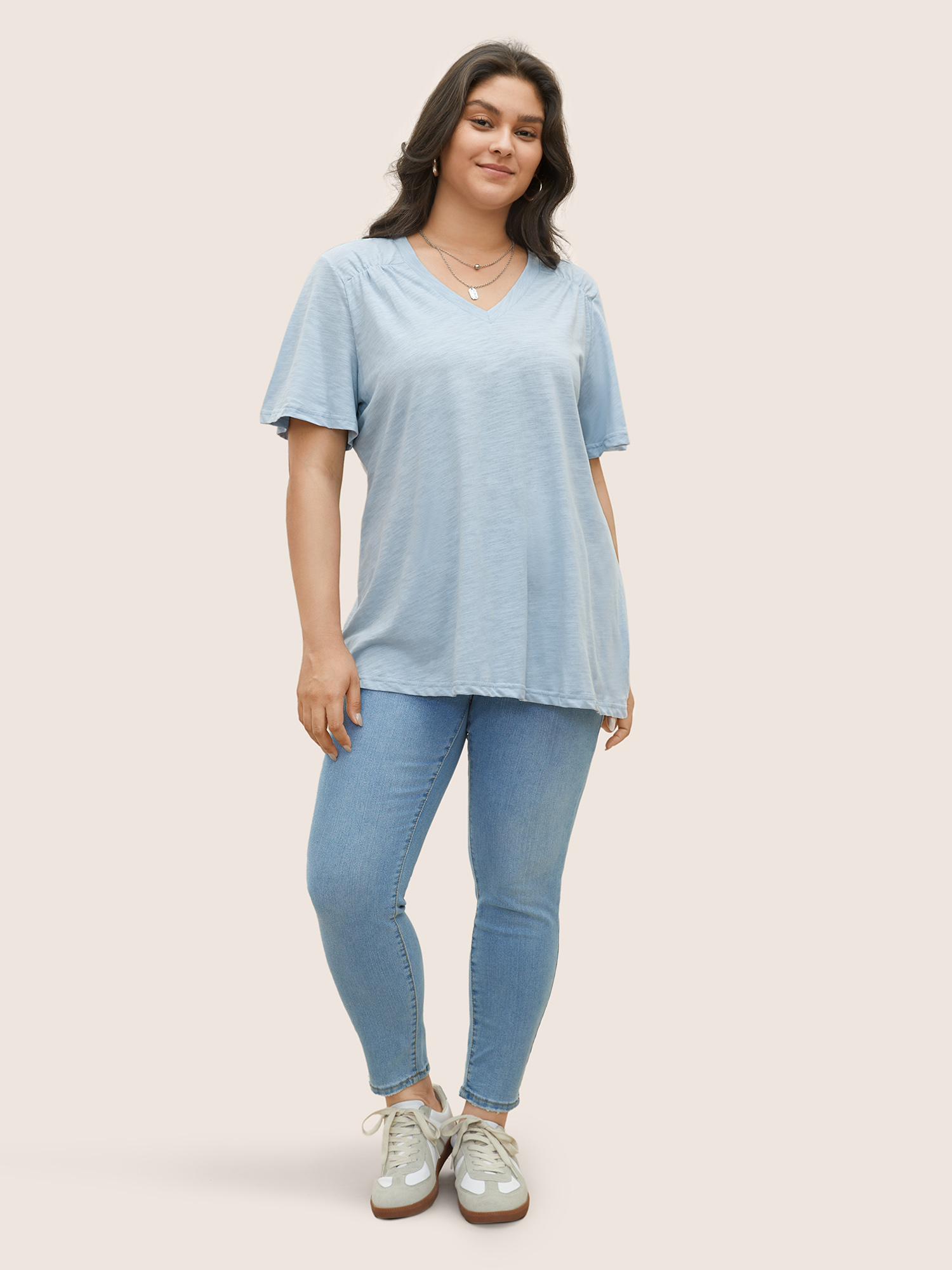 Plus Size Women Everyday Plain Ruffle Sleeve Short sleeve V-neck Casual T-shirts BloomChic 