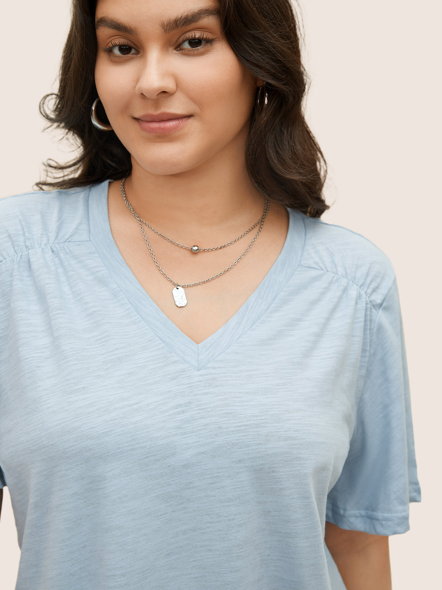 Plus Size Women Everyday Plain Ruffle Sleeve Short sleeve V-neck Casual T-shirts BloomChic 