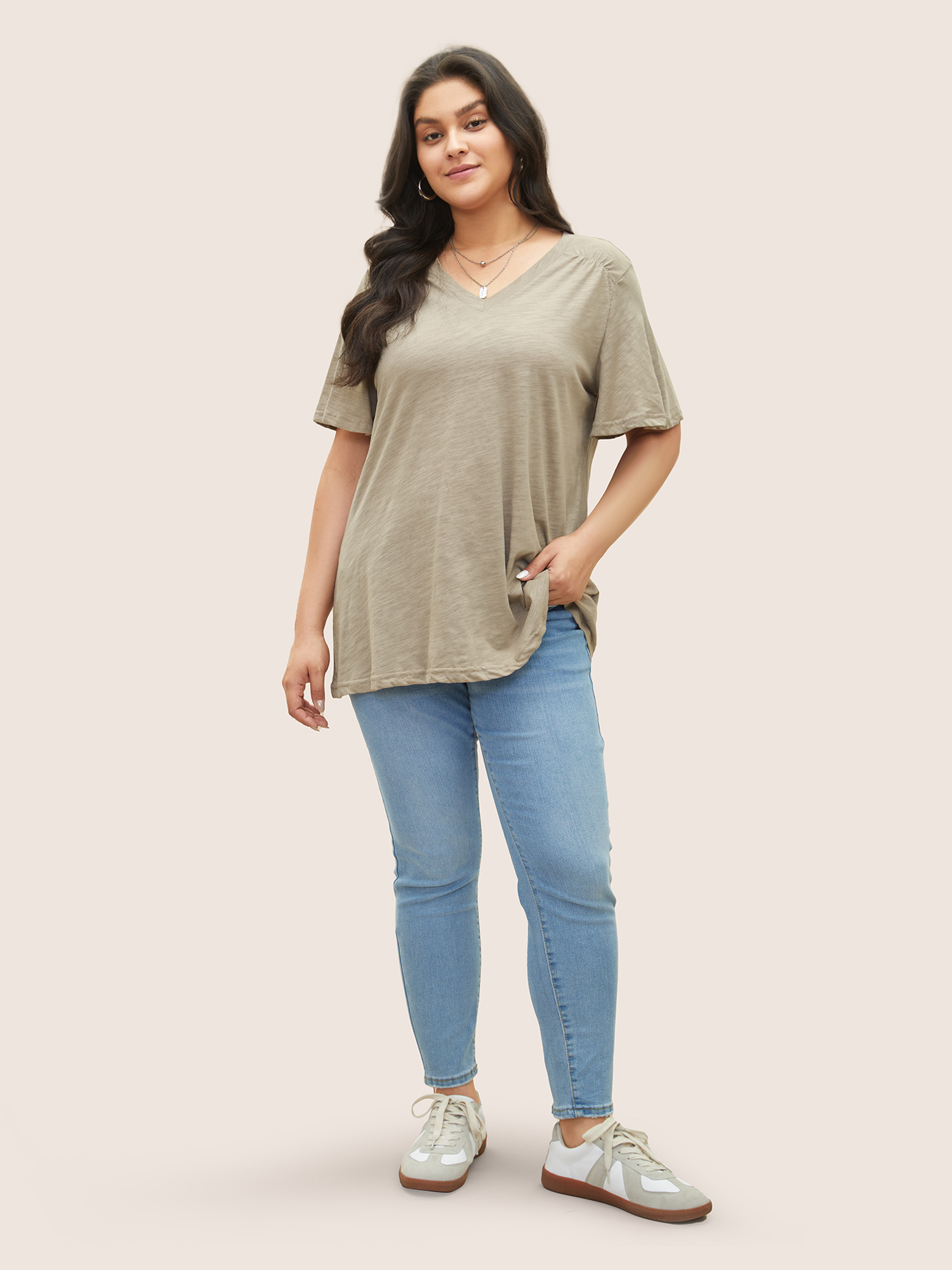 

Plus Size Plain Ruffle Sleeve Heather V Neck T-shirt LightBrown Women Casual Plain V-neck Everyday T-shirts BloomChic