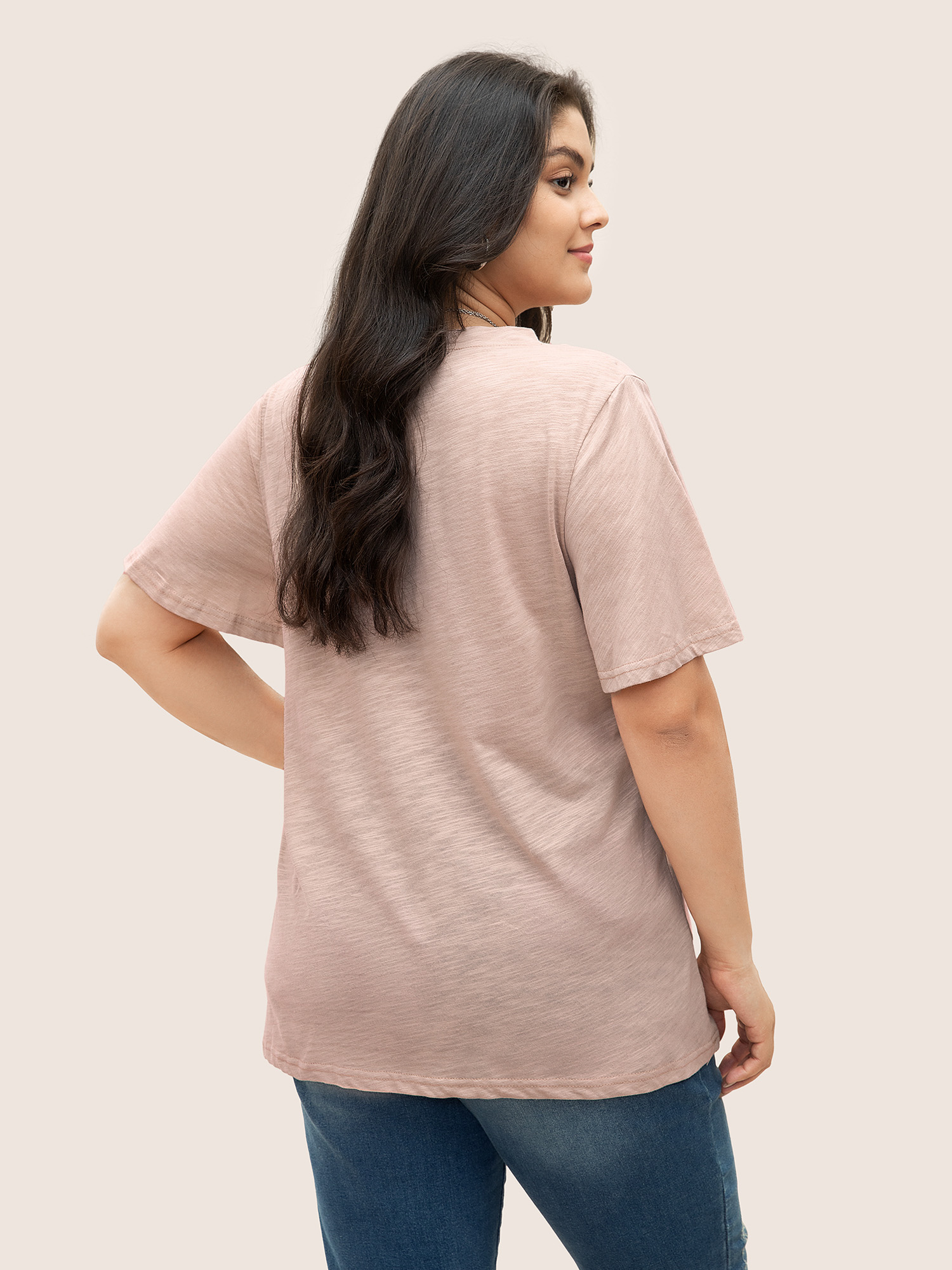 

Plus Size Plain Ruffle Sleeve Heather V Neck T-shirt Rouge Women Casual Plain V-neck Everyday T-shirts BloomChic