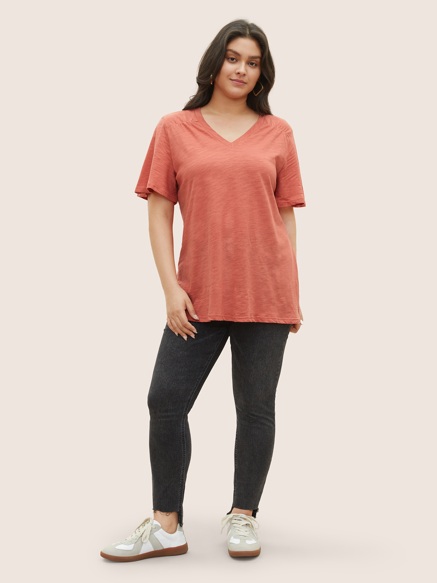 

Plus Size Plain Ruffle Sleeve Heather V Neck T-shirt Rust Women Casual Plain V-neck Everyday T-shirts BloomChic
