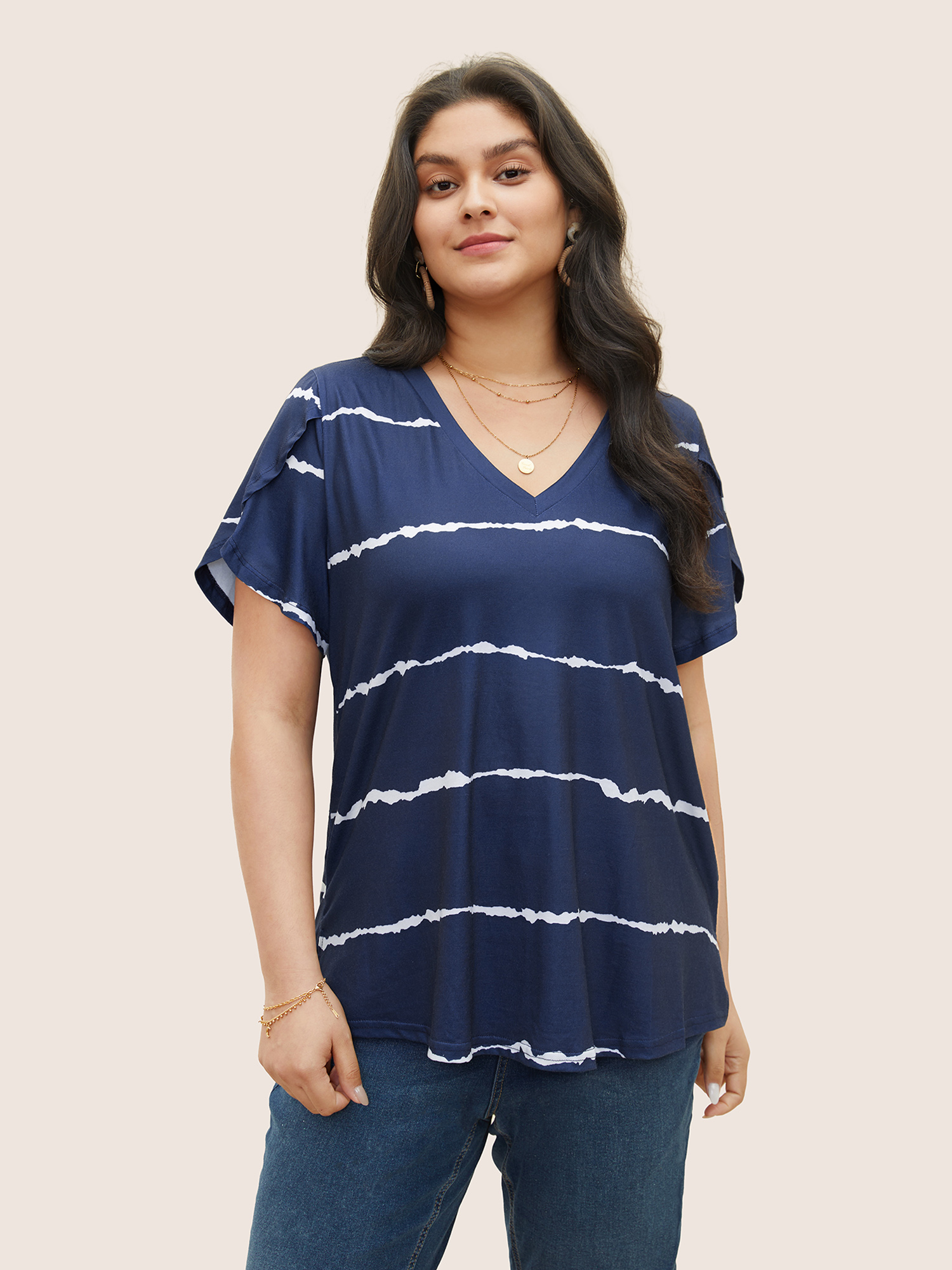 

Plus Size Striped Contrast Petal Sleeve T-shirt DarkBlue Women Elegant Striped Everyday T-shirts BloomChic