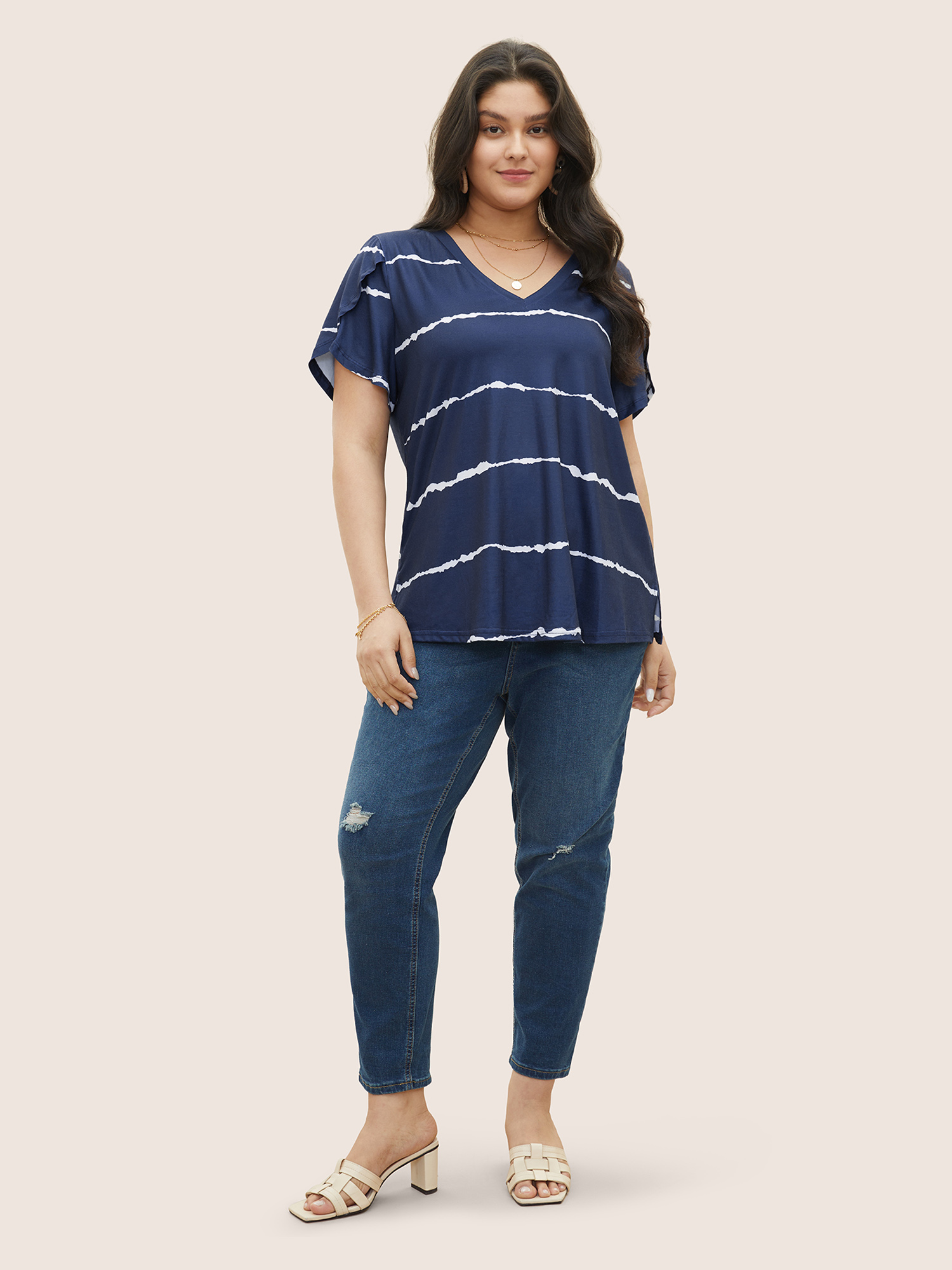 

Plus Size Striped Contrast Petal Sleeve T-shirt DarkBlue Women Elegant Striped Everyday T-shirts BloomChic