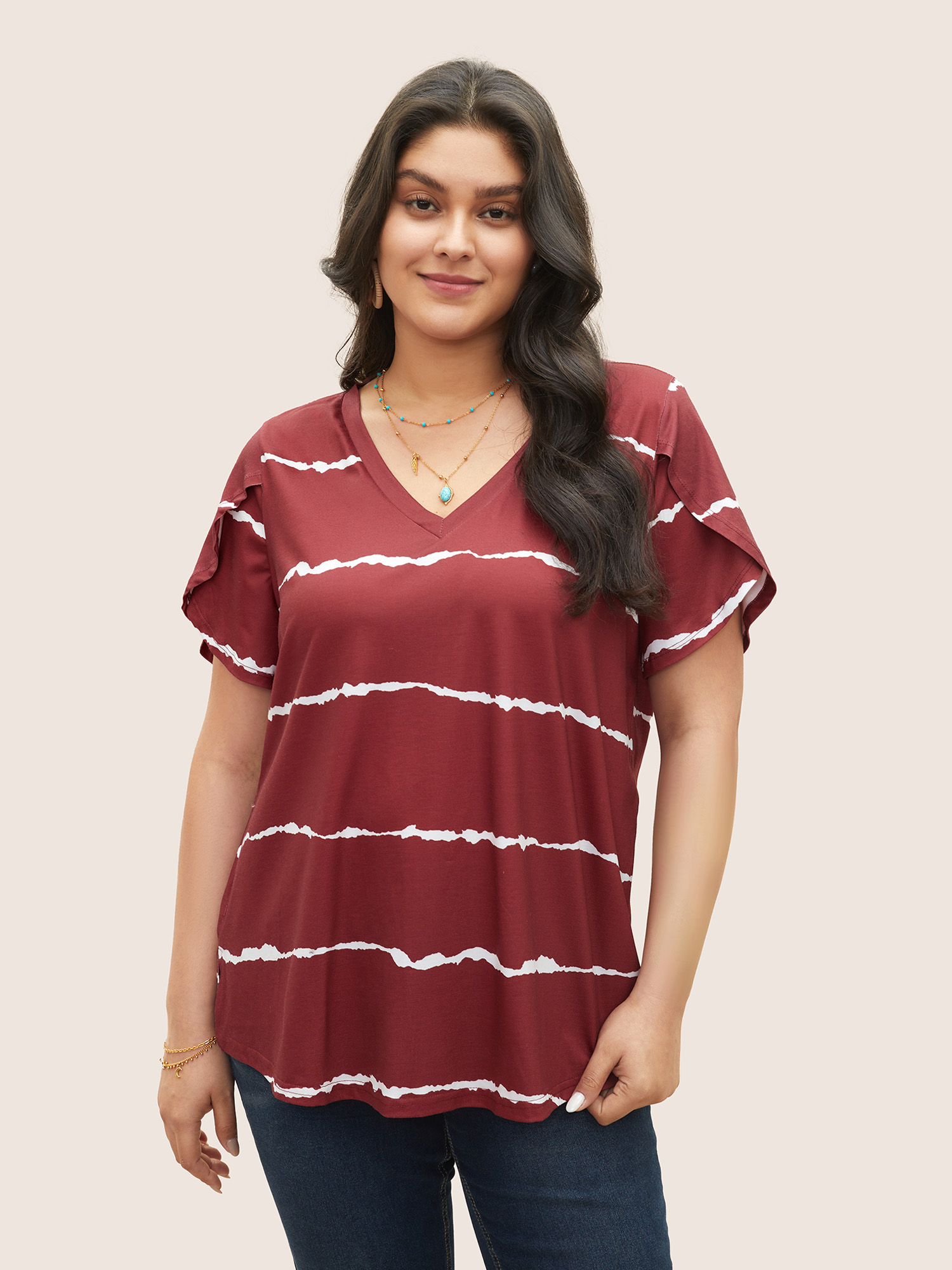 

Plus Size Striped Contrast Petal Sleeve T-shirt Scarlet Women Elegant Striped V-neck Everyday T-shirts BloomChic