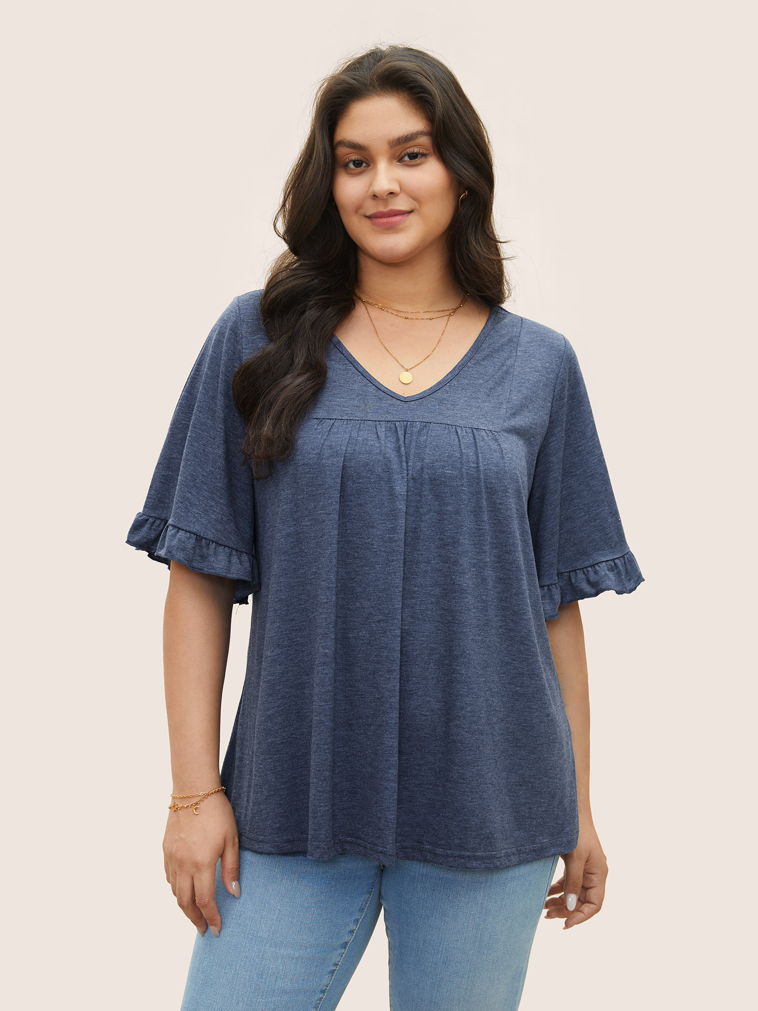 

Plus Size Solid Gathered Ruffle Trim Flounce Sleeve T-shirt Blue Women Elegant Tiered Plain V-neck Everyday T-shirts BloomChic