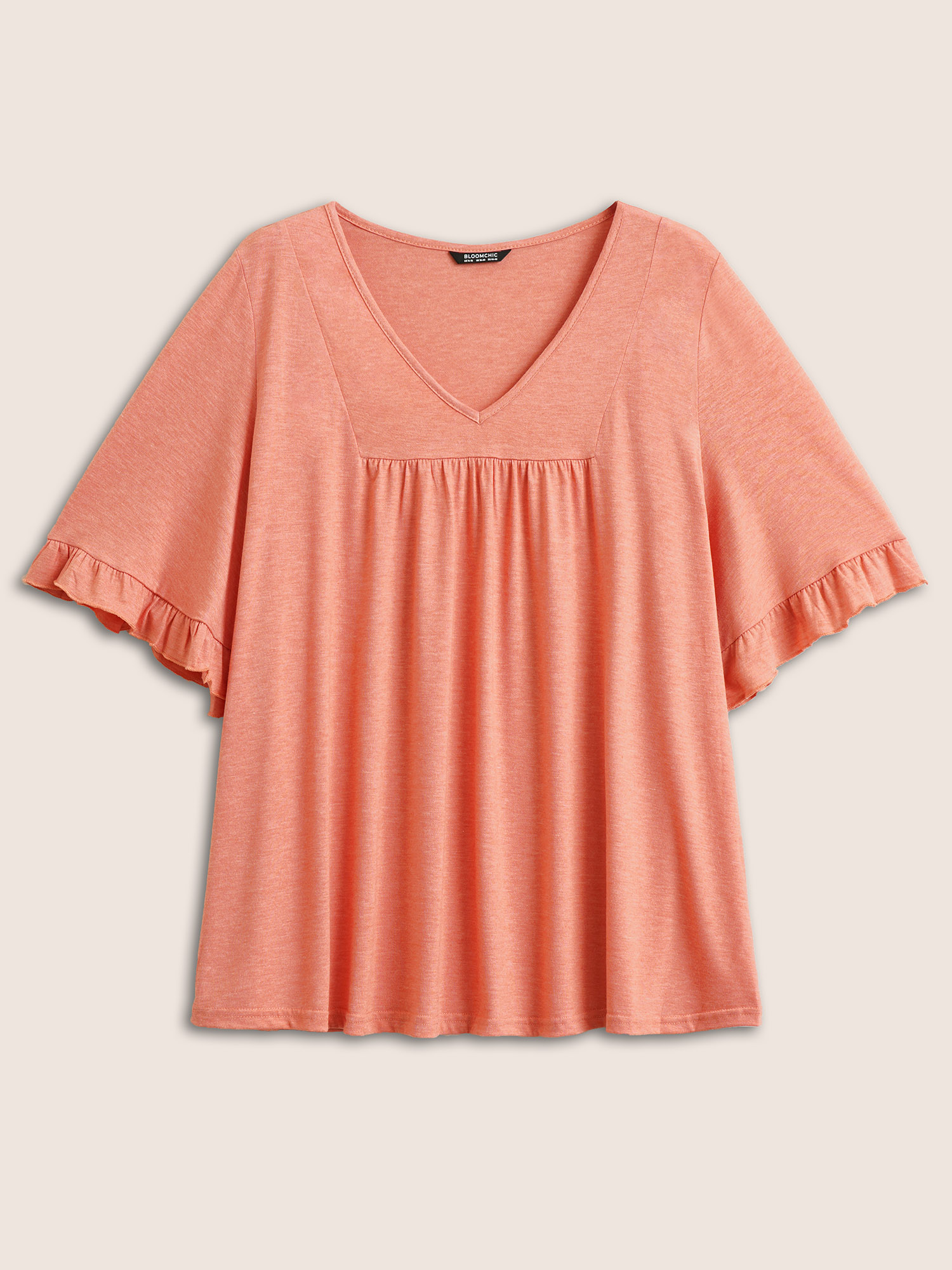 

Plus Size Solid Gathered Ruffle Trim Flounce Sleeve T-shirt Coral Women Elegant Tiered Plain V-neck Everyday T-shirts BloomChic